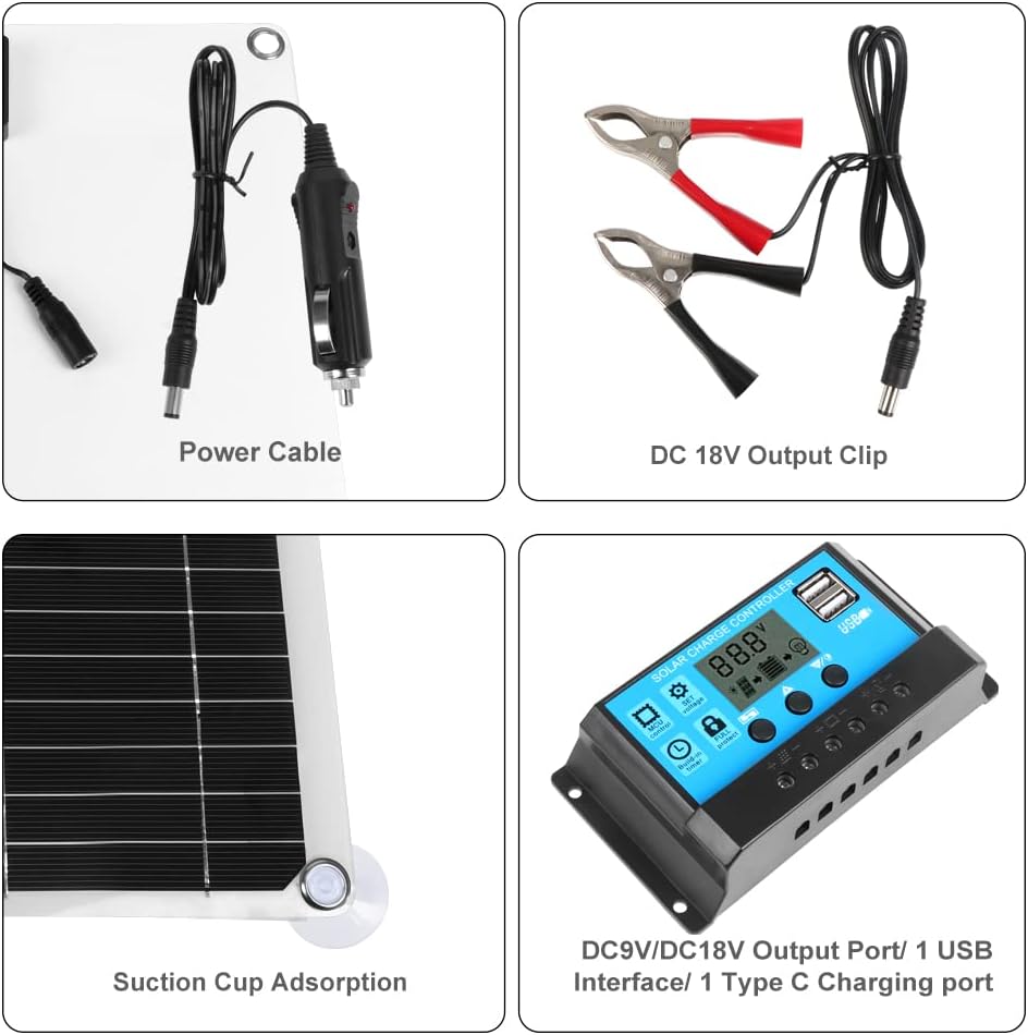Kit de panneaux solaires 18 V avec contrôleur de charge et pinces de batterie pour bateaux, motos et éclairages extérieurs - Autonomie de 9 heures - 3