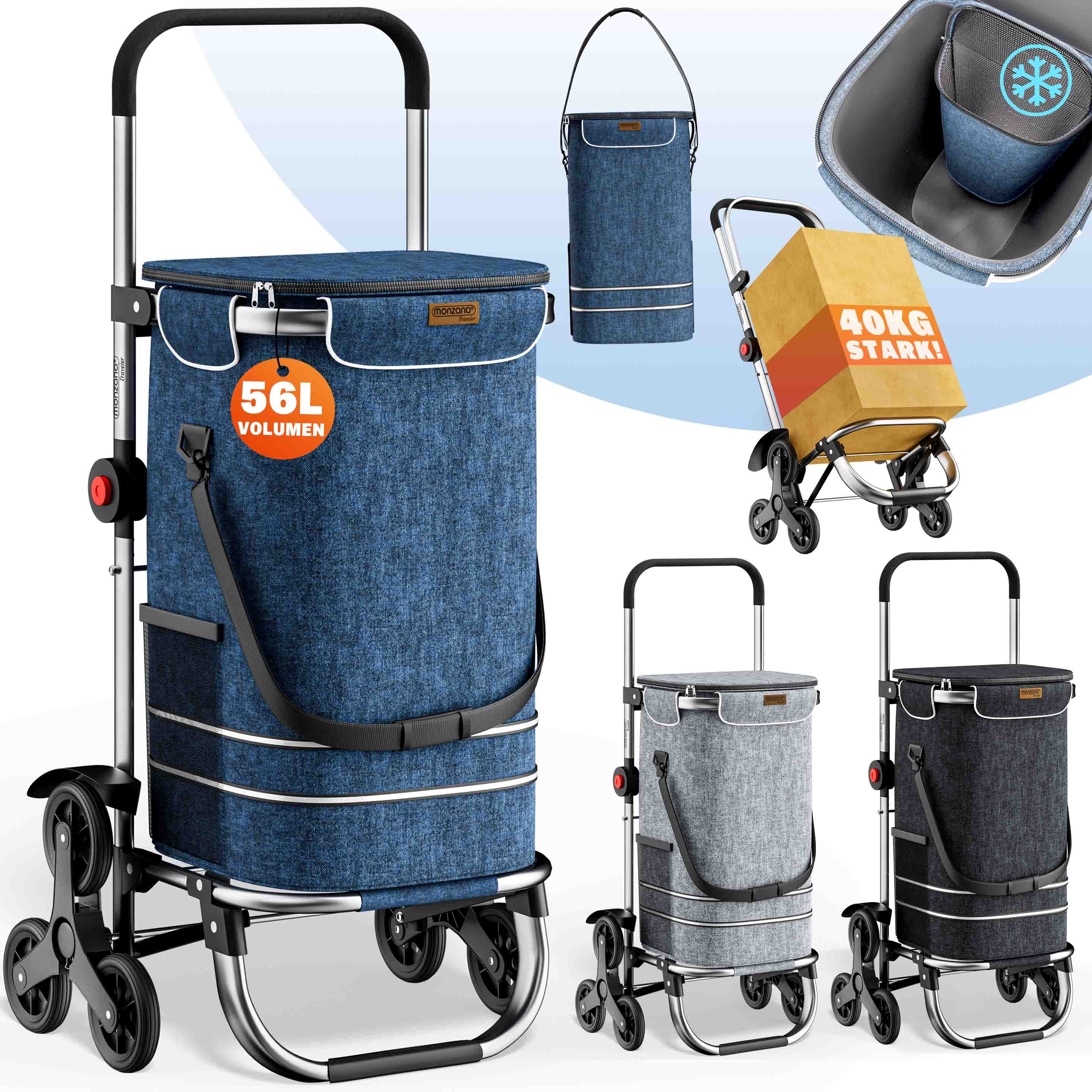 Chariot de courses Kiley - Taille XXL - Bleu - Avec de grandes roues - Pliable - Charge maximale