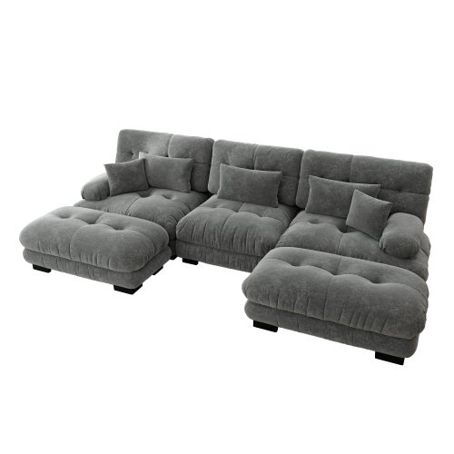 Canapé d'angle, canapé en U pour salon à 3 place avec pouf amovible, en tissu, gris - 6