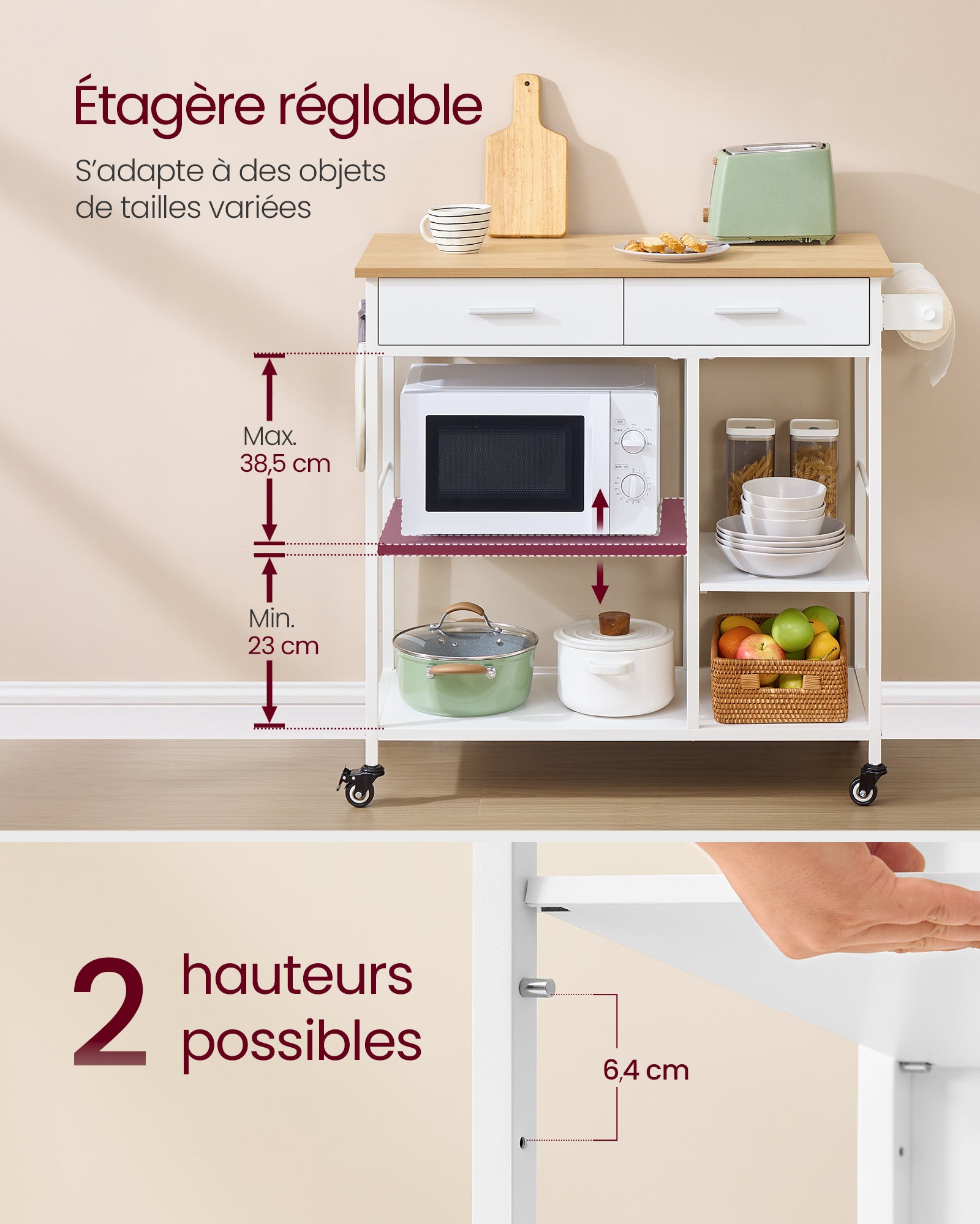 Desserte de Cuisine à Roulettes, Îlot de Cuisine Mobile, 45 x 98,7 x 90 cm, avec Porte-serviettes, 2 Tiroirs, 2 Crochets,Beige Chêne et Blanc Mat - 6