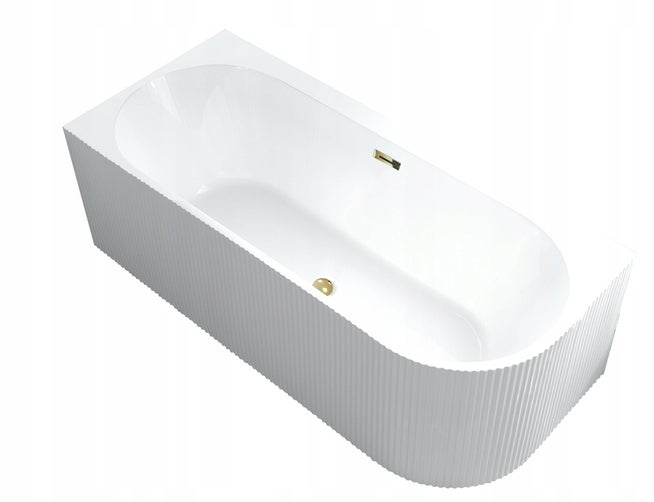 Wanna wolnostojąca CRETE LEWA PLUS 170 x 75 cm biała system przelewowy pionowe paski ryflowana prążkowana AKCESORIA CZARNE (KOREK I PRZELEW)