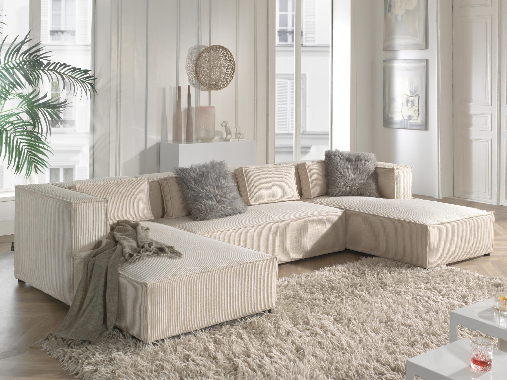 Canapé panoramique en u 7 places en velours côtelé beige Leroy Merlin