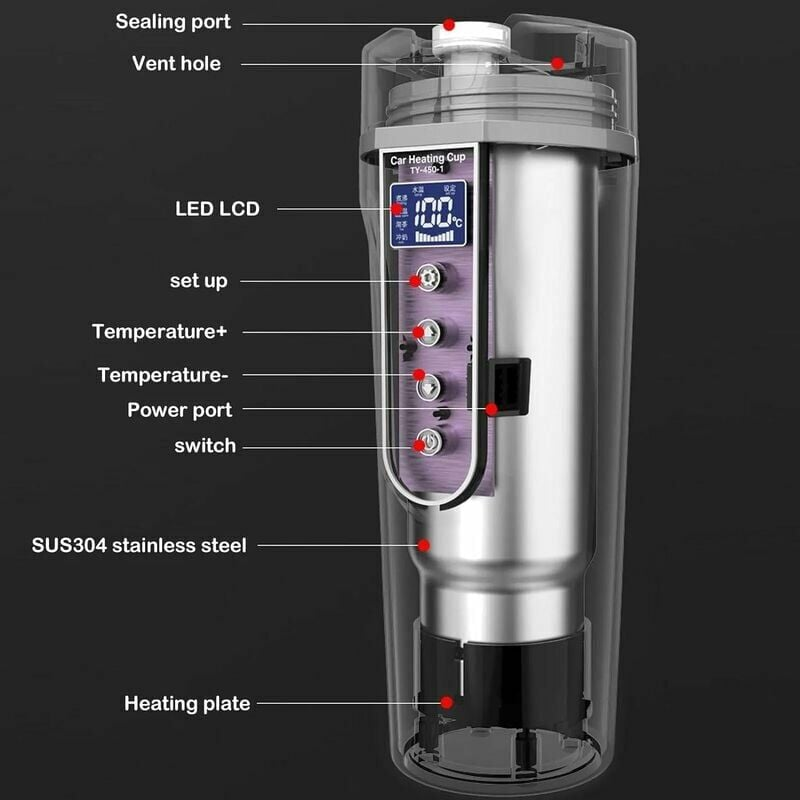 Bouilloire de voiture, bouilloire électrique de voiture 12V/24V, tasse d'eau chauffée avec écran LCD, en acier inoxydable 304 - 5