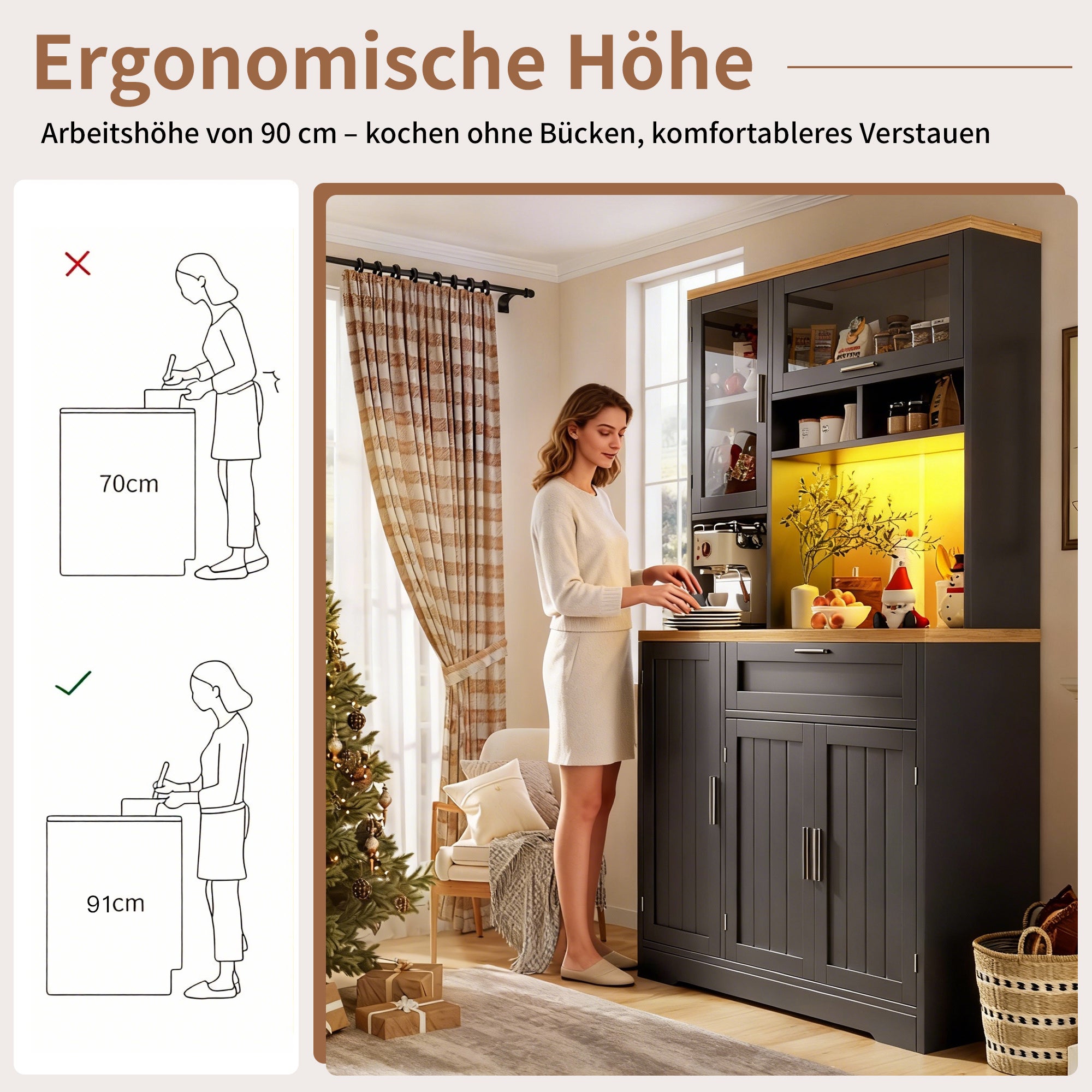 Buffet haut vaisselier de cuisine 104x40x180cm avec éclairage LED intégré, vitrine de rangement moderne pour salon, grande capacité, Noir - 8