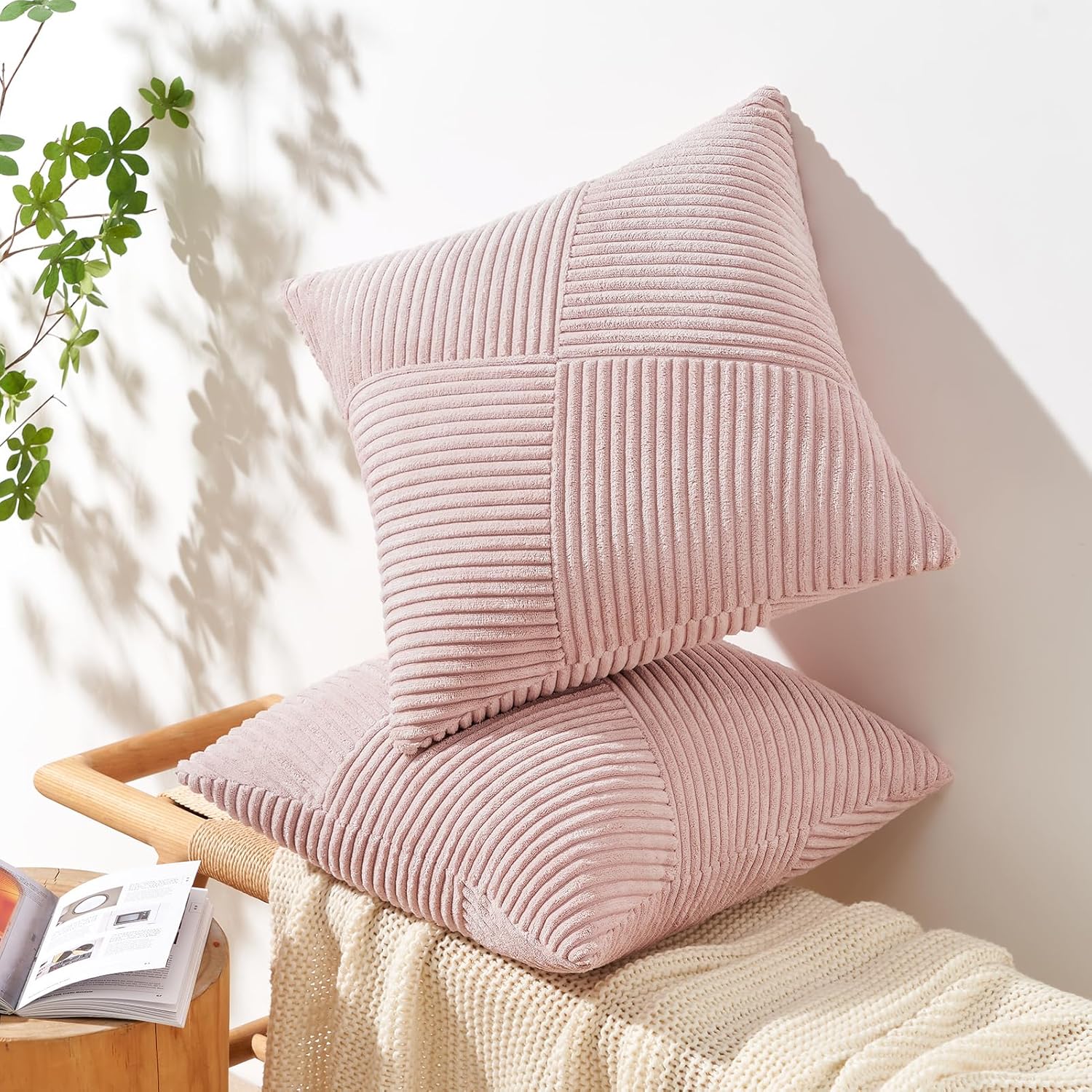 Housse de Coussin Rose 45x45 en Velours Côtelé Super Doux Canape Motif à Rayures Patchwork Decoration Maison Salon Chambre pour Canapé Lot de 2 - 2
