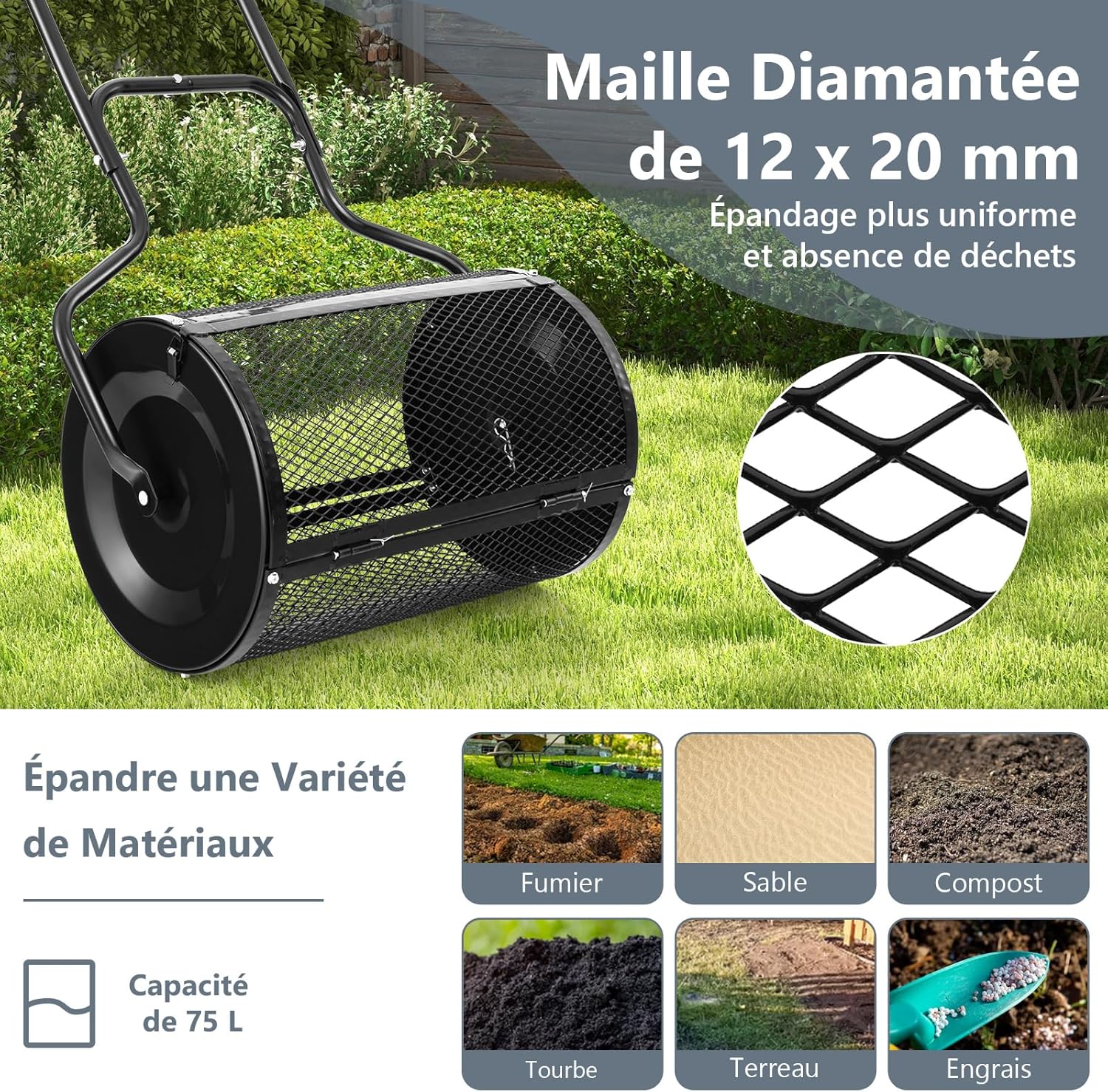 Spandiconcime a Rullo, Rullo da Giardino con Impugnatura Pratica Chiusure Laterali e Rete in Metallo per Concimazione e Semina, Spandiconcime - 4