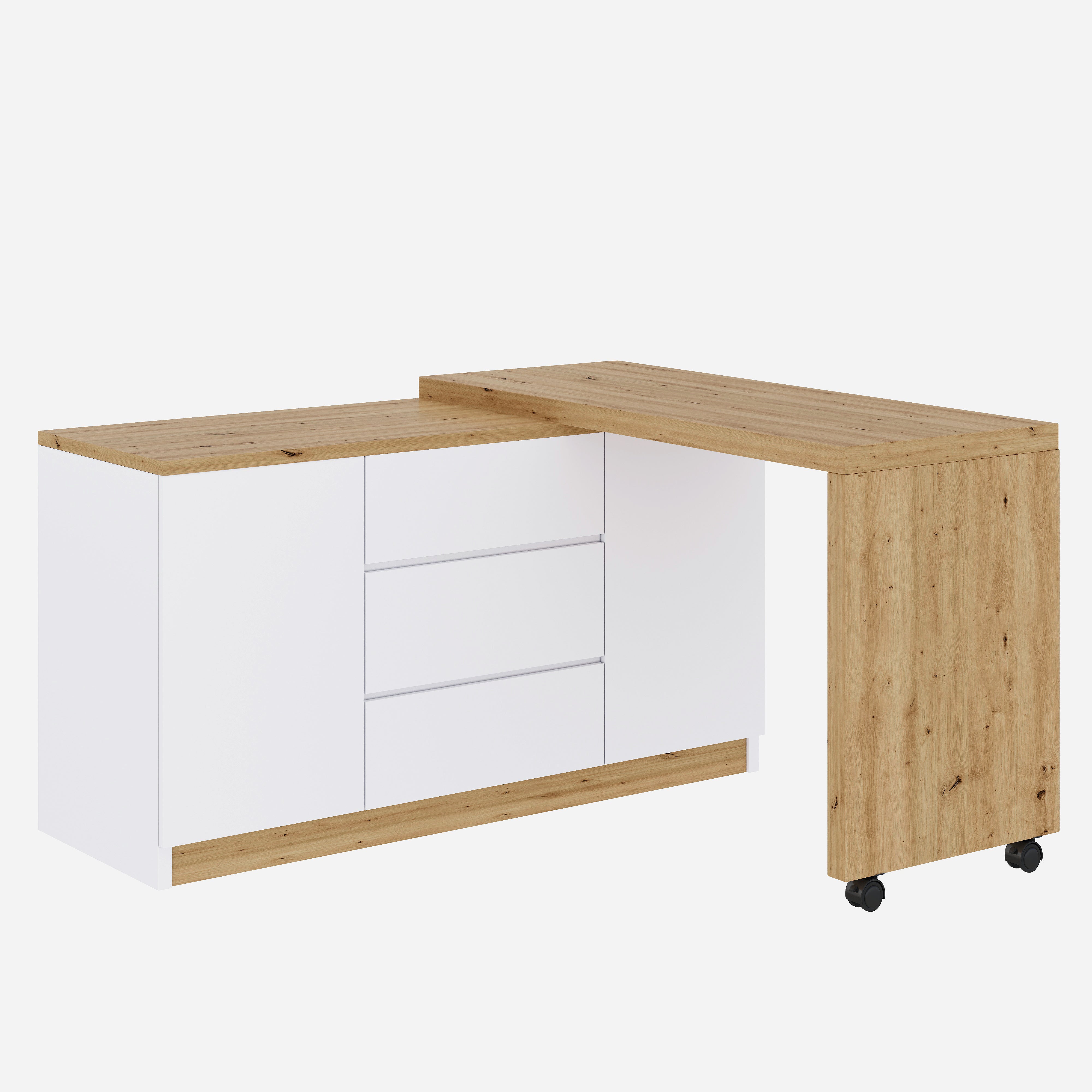 Biurko narożne z obrotowym blatem, 2 drzwiami i 3 szufladami - 120 x 50 x 76,5 cm - Płyta wiórowa - Biały + Dąb - 9
