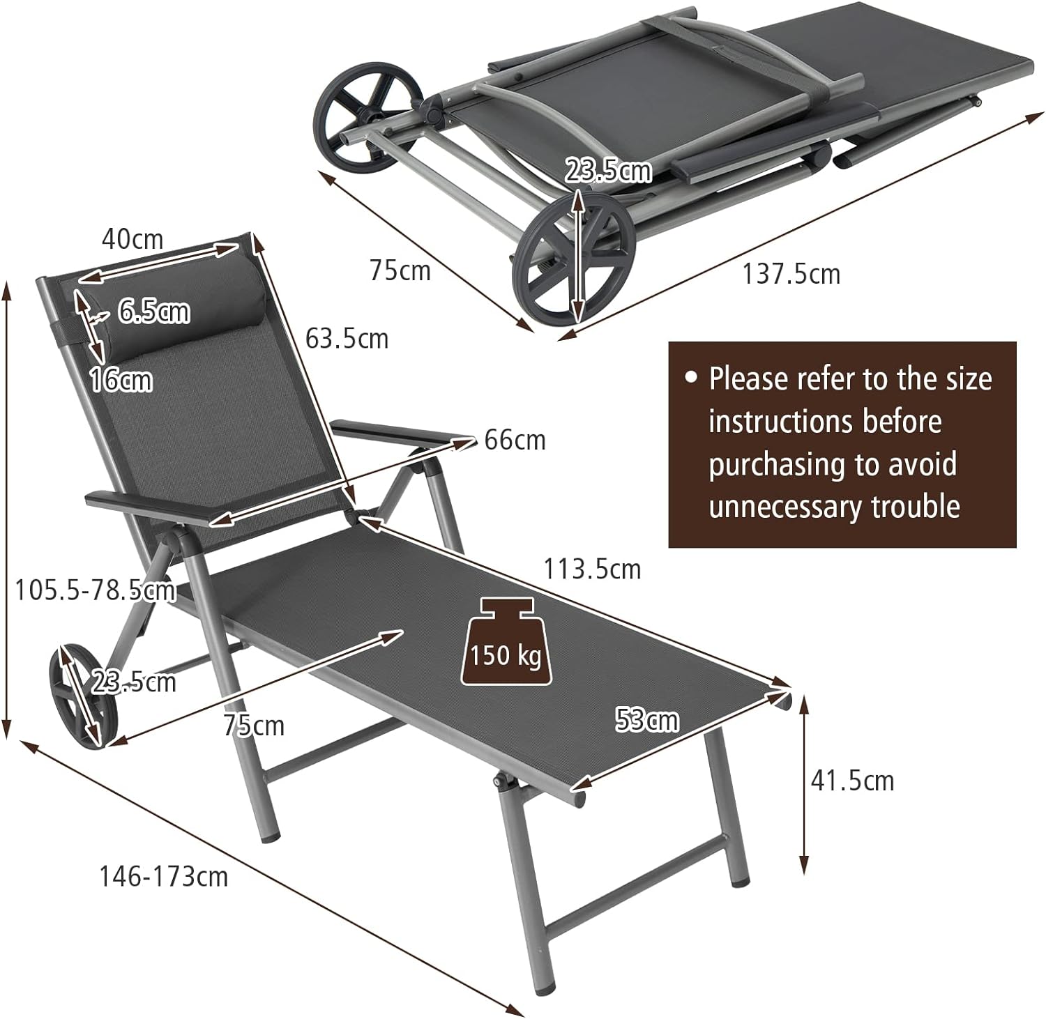 Chaise Longue Pliable de Jardin avec roulettes, Transat Inclinable en Aluminium avec Dossier Réglable à 7 Niveaux & Appui-tête Amovible,Terrasse - 3