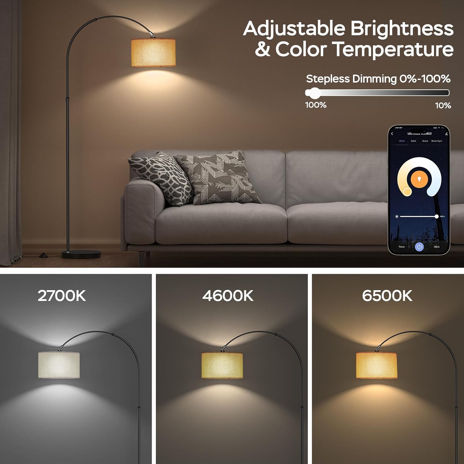Lampadaire Design Moderne, Smart WiFi, RGB Dimmable, Télécommande & Voix, Changement de Couleur, Lampe Arc Élégante E27 9W pour Salon - 4
