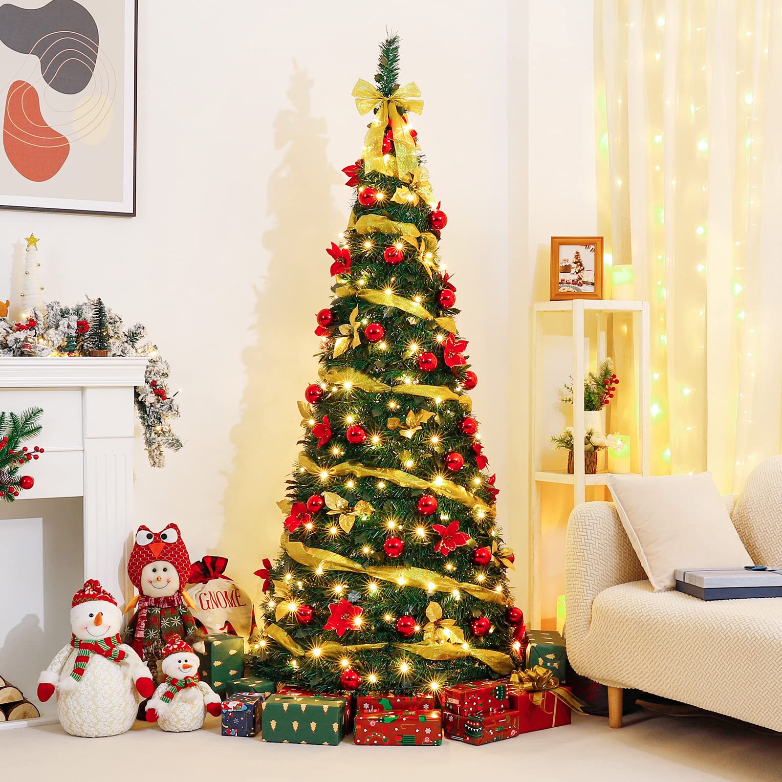 Sapin de Noël portable, sapin de Noël pliable pré-décoré, décorations de Noël pop-up, lumières LED aux tons chauds, 150 cm - 8