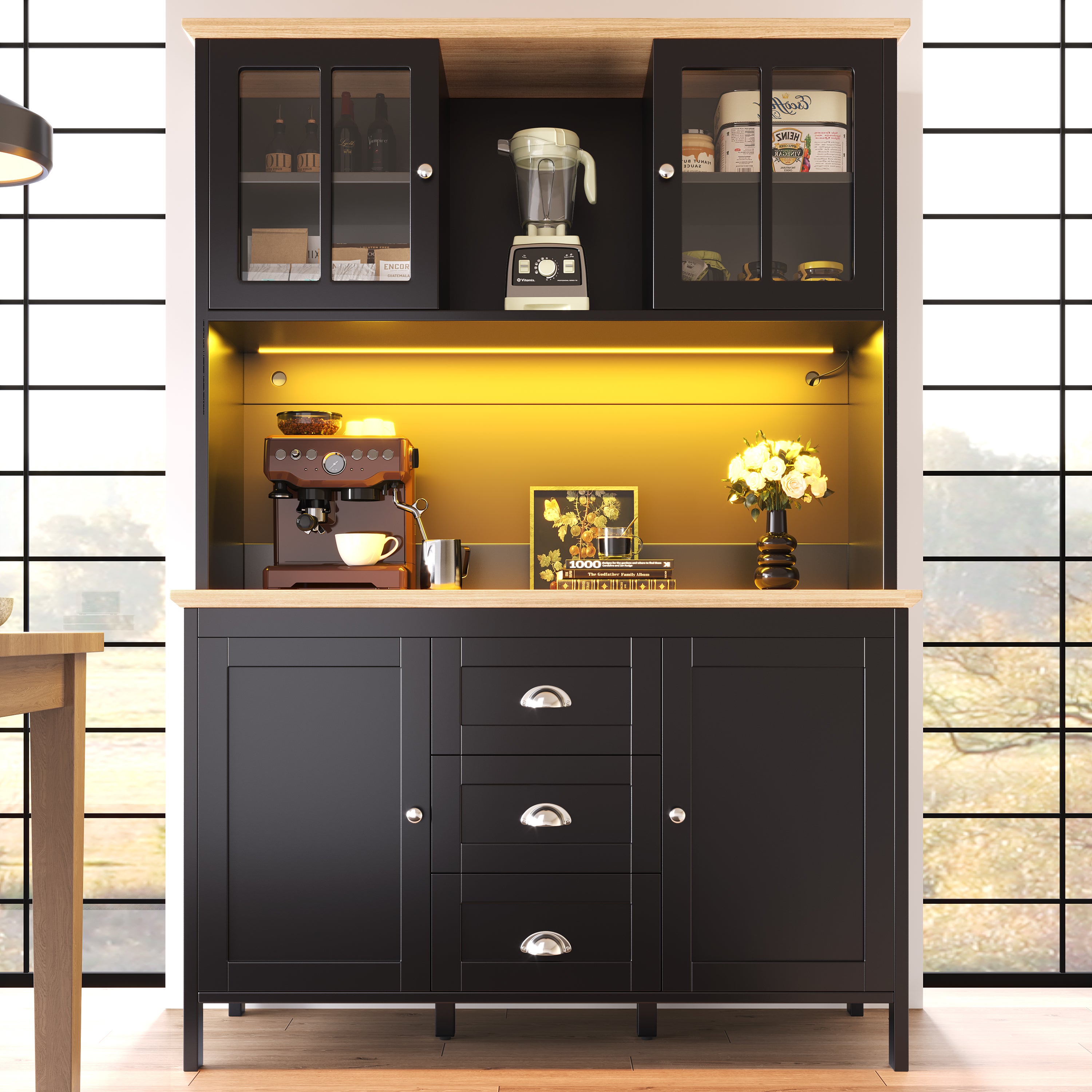 Buffet armoire cuisine LED 120x40x179cm 4 portes 3 tiroirs blanc noir ...