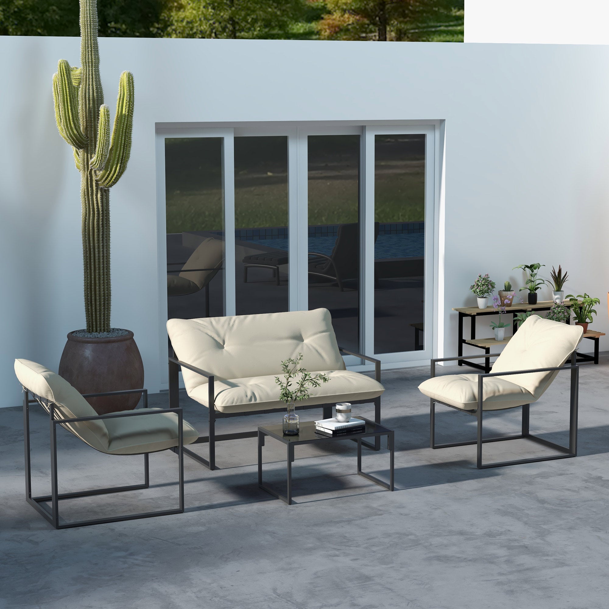 Salon de jardin 4 pièces 4 personnes avec canapé 2 places, 2 fauteuils et 1 table basse gris - 4