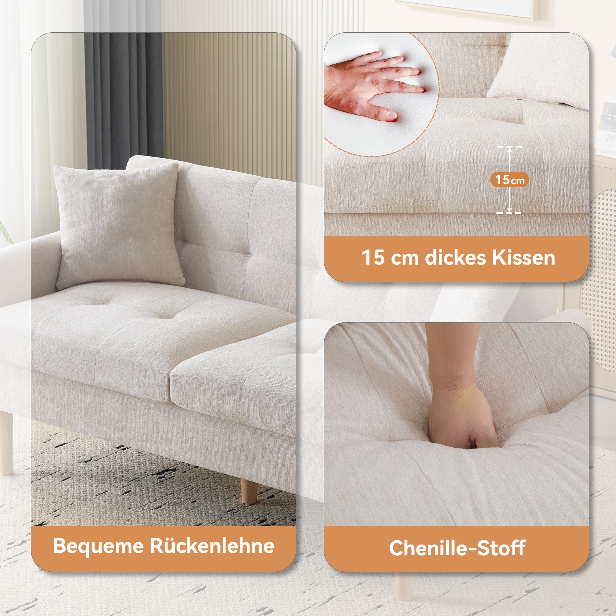 Canapé 2 places en tissu chenille avec coussins épais - 162 x 74 x 77 cm - pour salon, chambre - Beige - 6