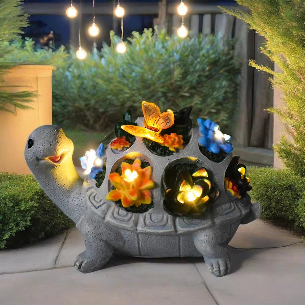 Zewnętrzne solarne rzeźby ogrodowe, żółw z sukulentami i 7 lampkami LED, dekoracja trawnika na taras i balkon