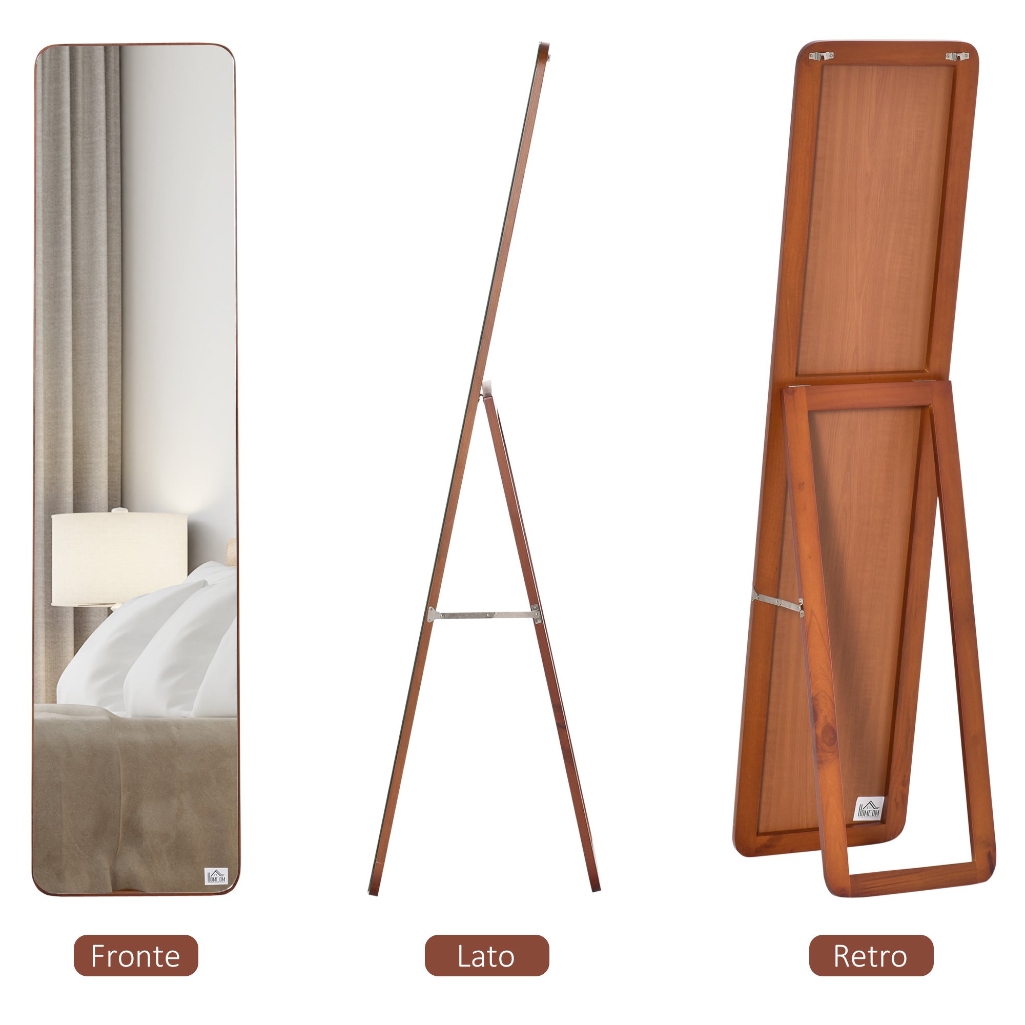HOMCOM Specchio Da Terra E Da Parete Con Struttura In Legno, Supporto Pieghevole Con Cerniera, 37x43x156cm, Noce Chiaro - 6