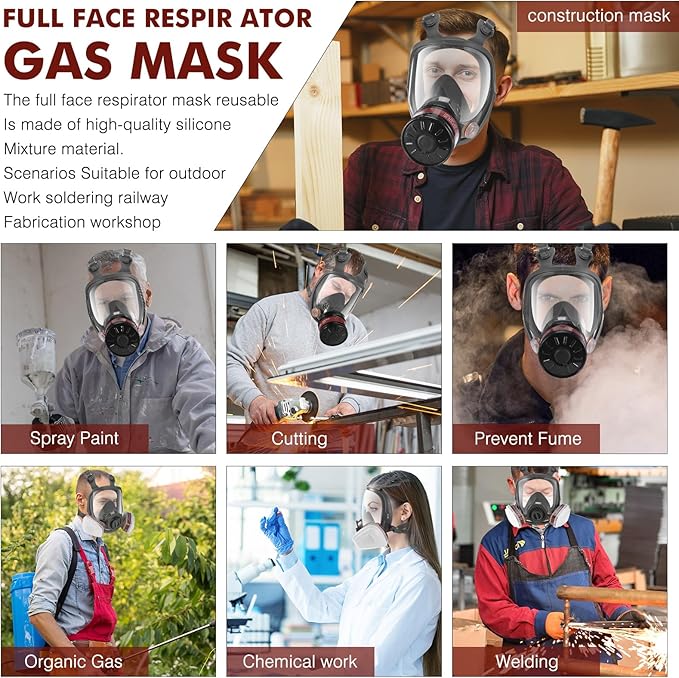 Maschera respiratoria a pieno facciale con filtro a carbone attivo per la protezione da gas/polveri/vapori/nebbie chimiche nera - 7