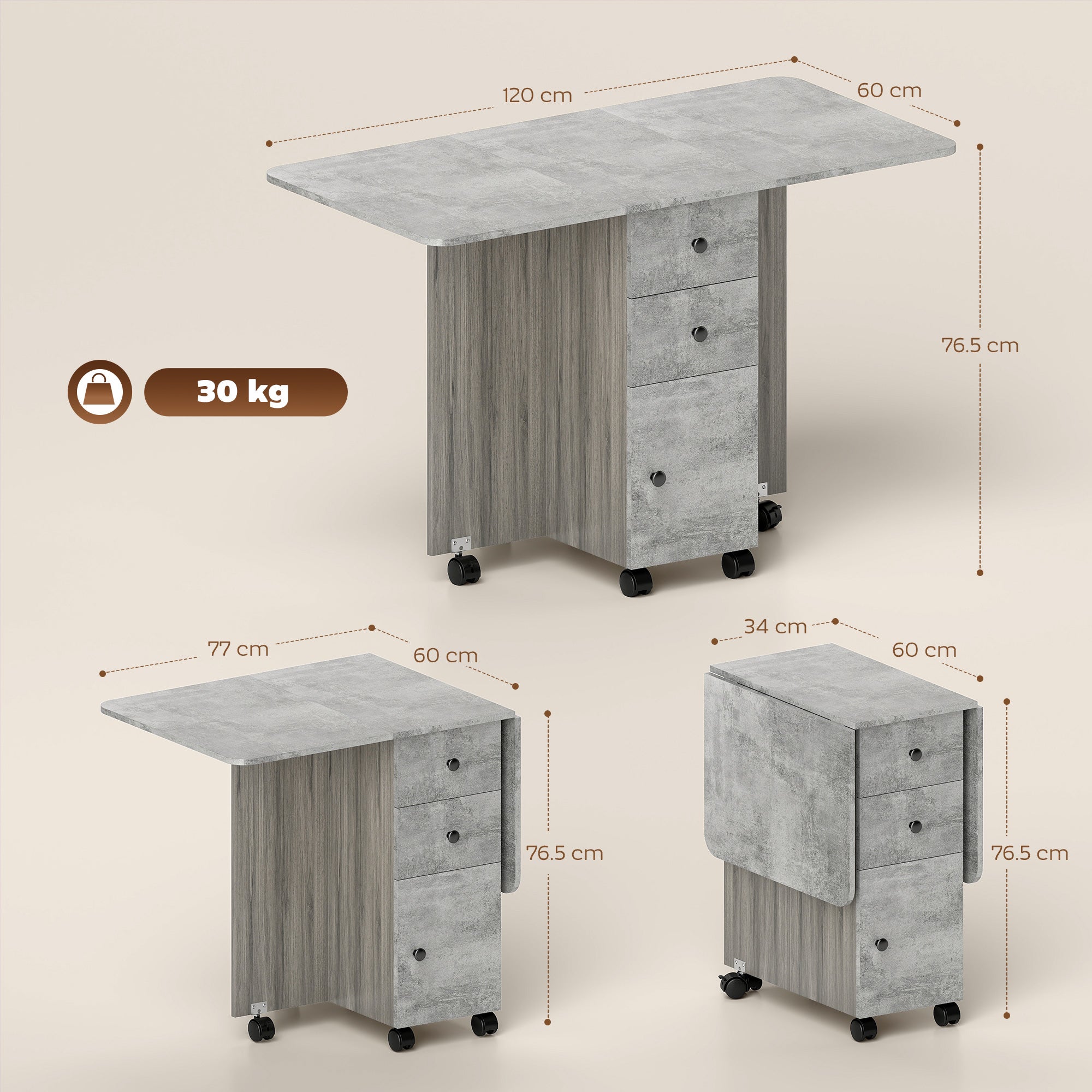 HOMCOM Tavolo Pieghevole con 2 Cassetti e Armadietto, 6 Rotelle e Freni, 120x60x76.5 cm, Grigio Legno e Roccia - 3