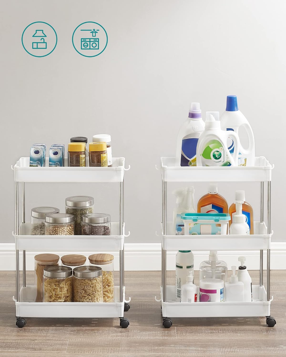 Desserte à roulettes, Chariot de Rangement, Étagère Roulante, 3 Niveaux, Gain de Place, pour Salle de Bain, Cuisine, Bureau, 40 x 22 x 60 cm, Blanc - 4