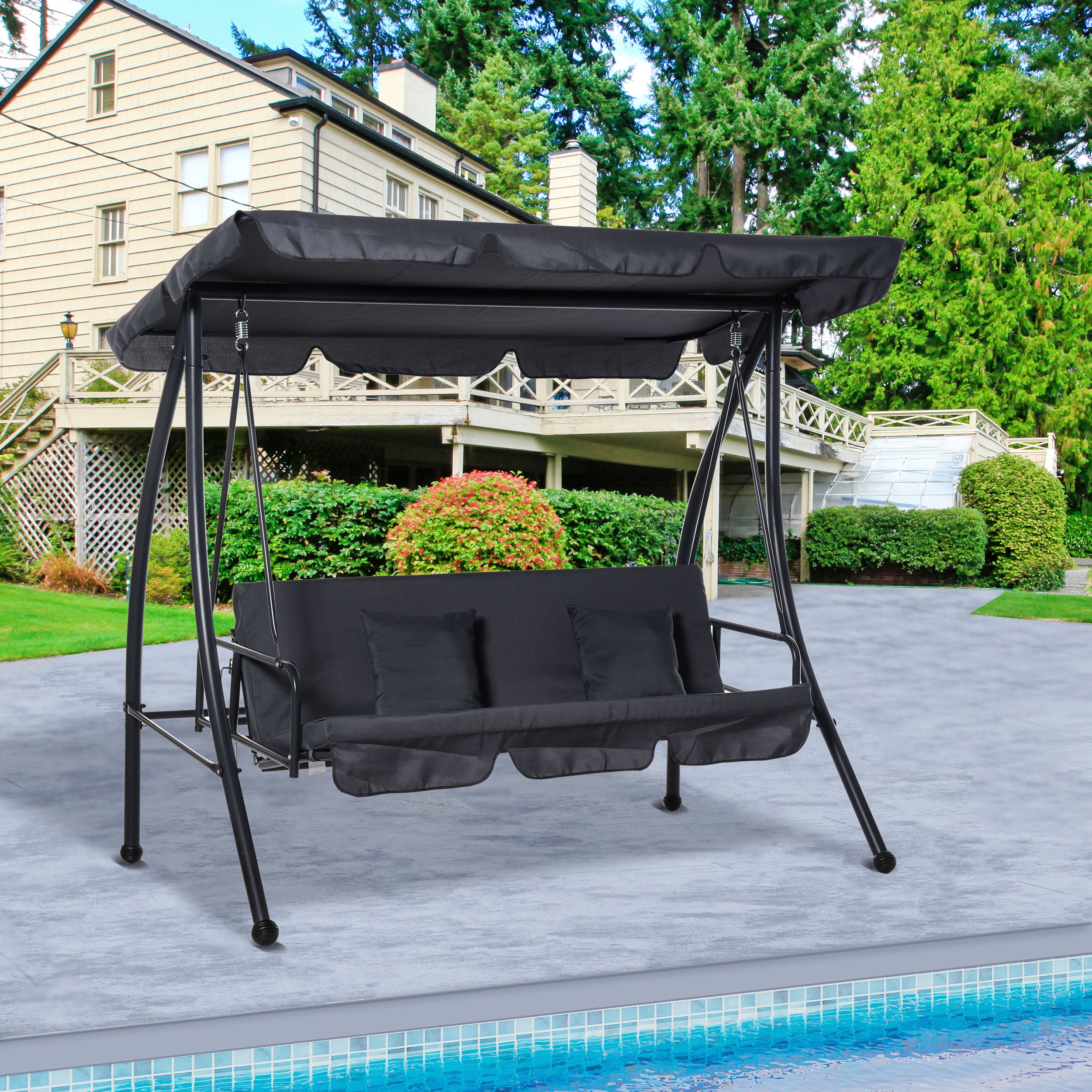 Balancelle de Jardin Convertible 3 Places Grand Confort Inclinaison Toit réglable Matelas fourni 2L x 1,25l x 1,7H m métal Polyester Noir Anthracite - 3