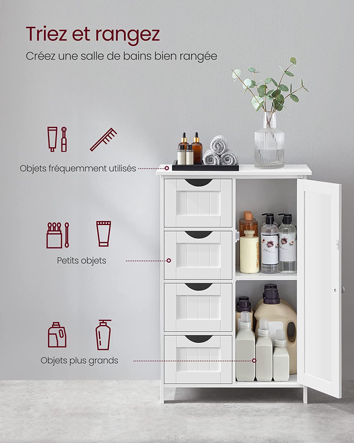 Armoire de Salle de Bain avec 4 Tiroirs, Porte, Étagère Réglable, 55 x 30 x 82 cm, Blanc - 2