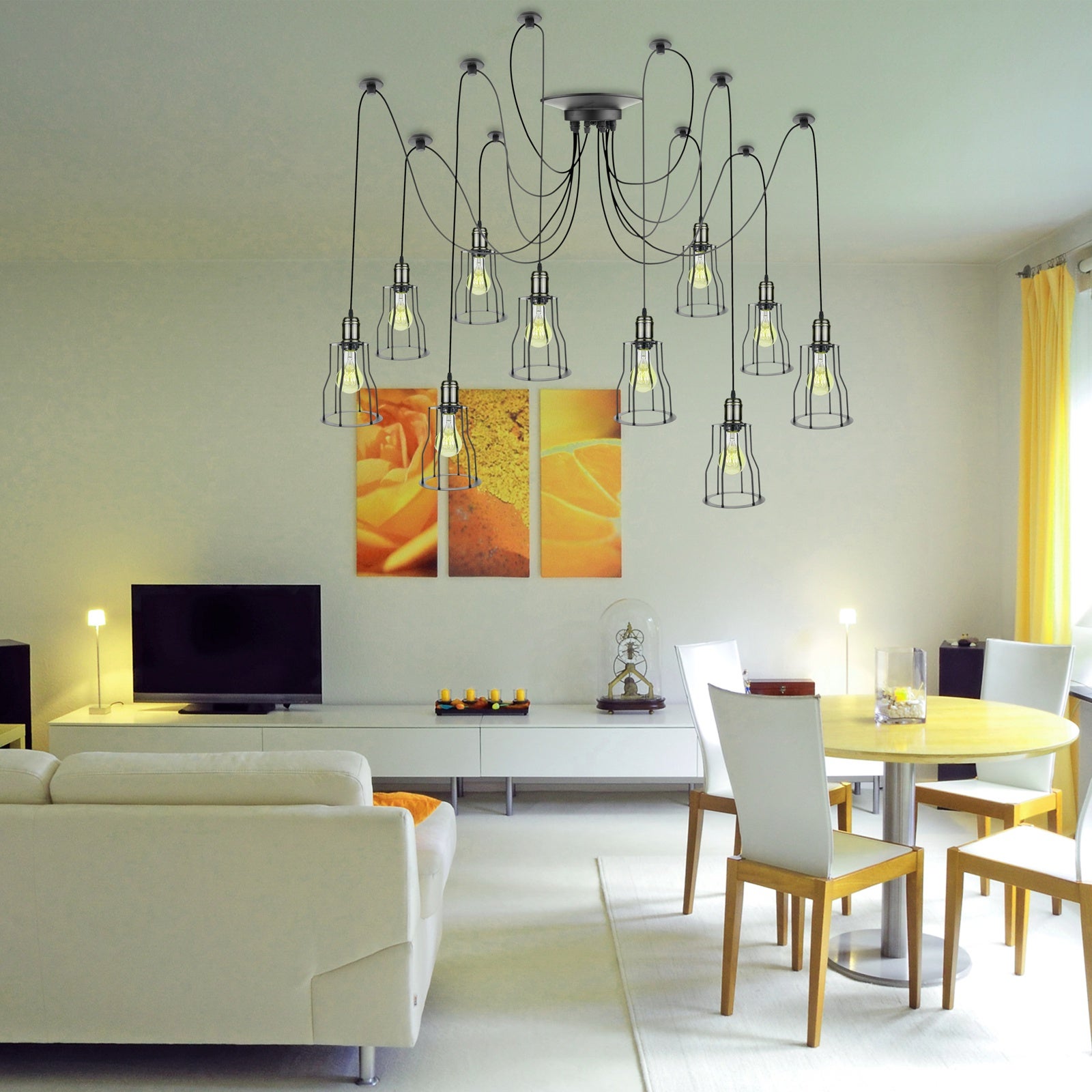 Lampadario a sospensione con gabbia lunga E27 10 lampadine 3m cavo nero - 2