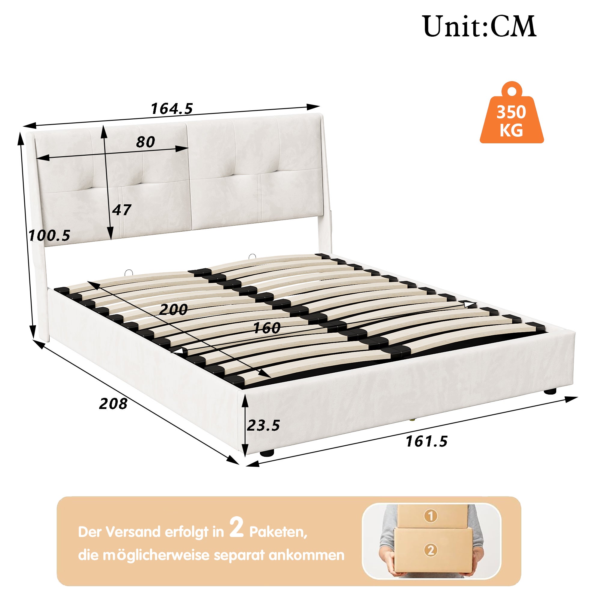 Lit Coffre 160x200 avec Rangement et LED–Cadre de Lit Hydraulique Rembourré en Velours– Lit Double avec Sommier–Adulte/Ado–Beige - 4