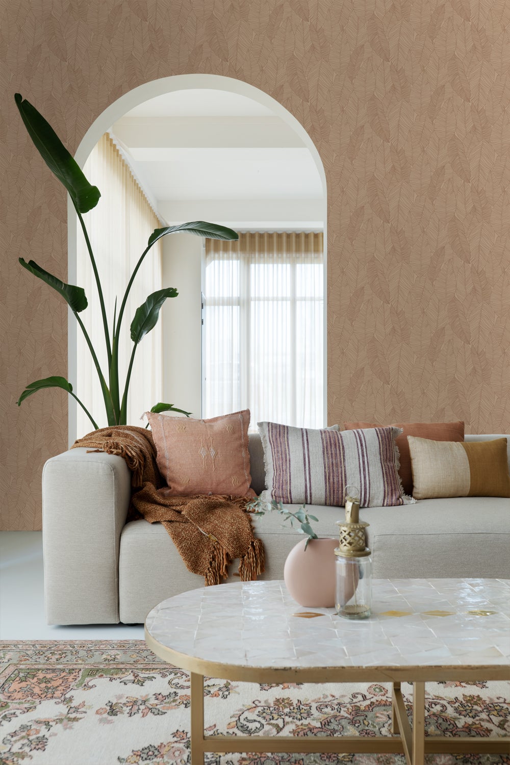 Papier peint feuilles dessinées rose terracotta - 53 cm x 10.05 m - ESTAhome - 5