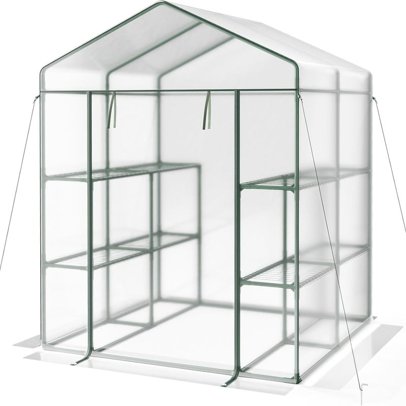 Mini Przenośna Szklarnia, Szklarnia Ogrodowa na Zewnątrz z 4 Poziomami, 8 Półkami, Drzwiami na Kółkach z Zamkiem Błyskawicznym, Roślin Doniczkowych