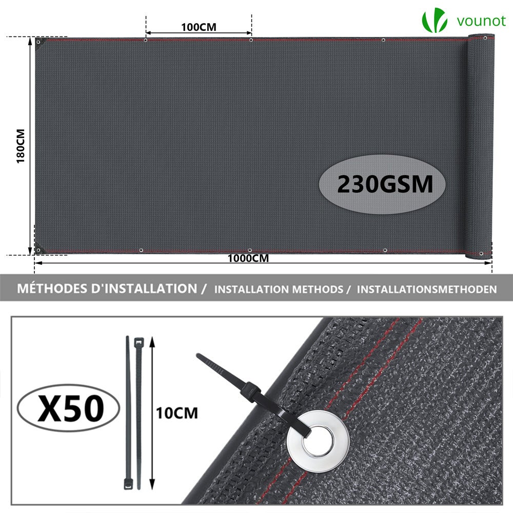 Brise vue occultant en HDPE 230g/m² 1.8x10m avec attaches de fixation anthracite VOUNOT® - 2