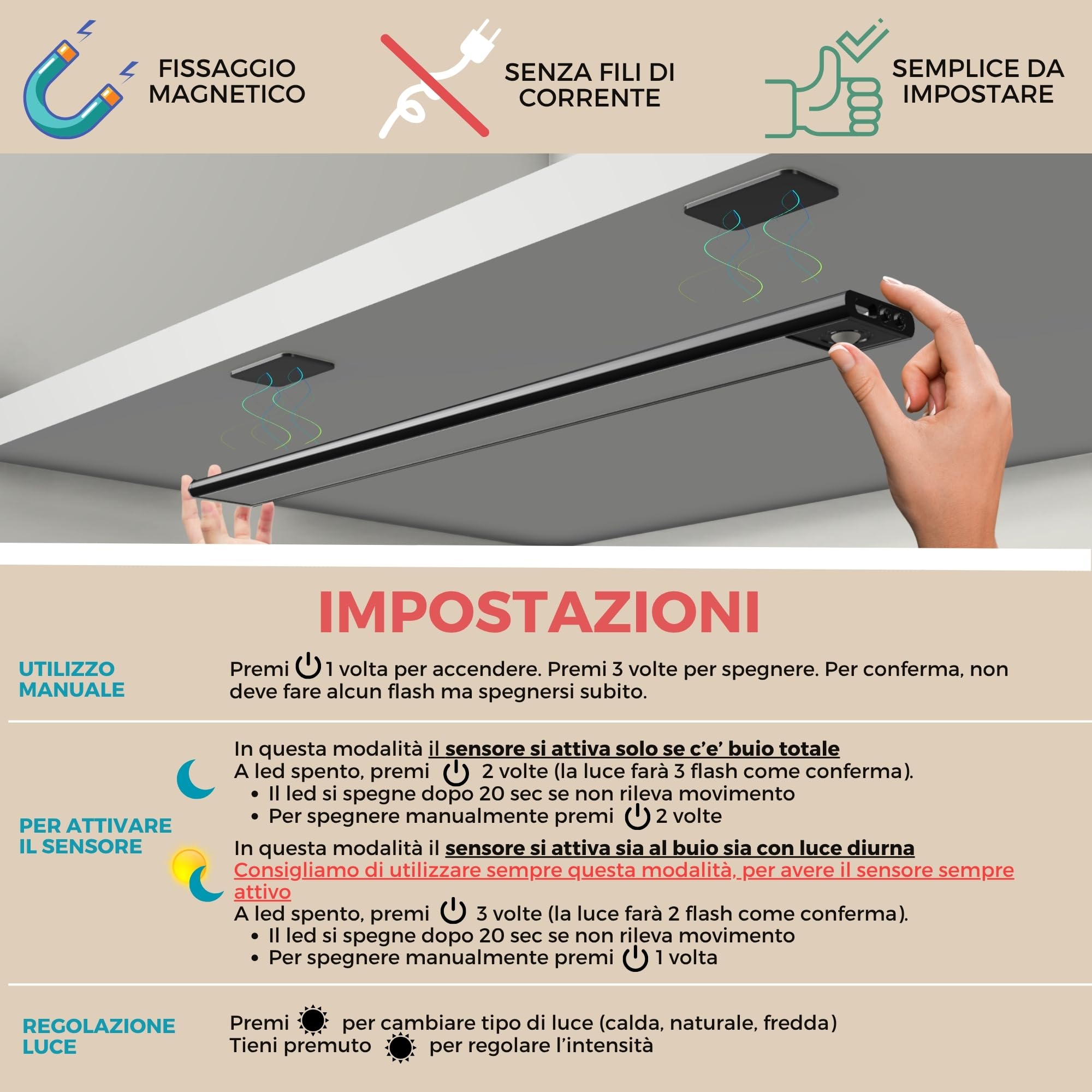HOMPLEMENT Luce LED per Armadio con Sensore di Movimento 40 cm – Barra LED Magnetica Ricaricabile USB e regolabile con 3 Tonalità di Luce - Grigio - 5