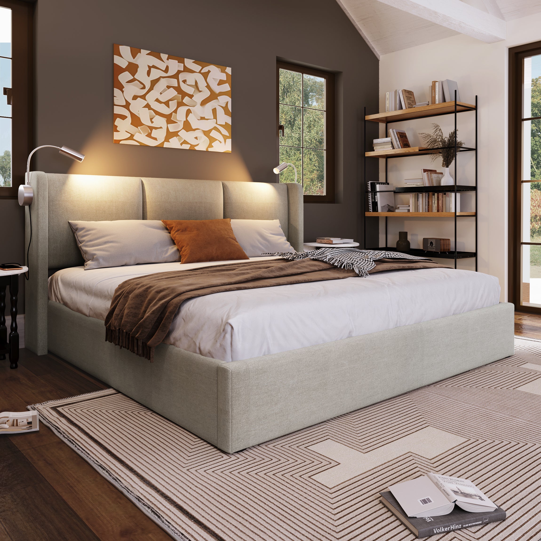 Cama contenedor 160 x 200 cm con cabecero - tela de lino - USB + lámpara de lectura - beige - 2