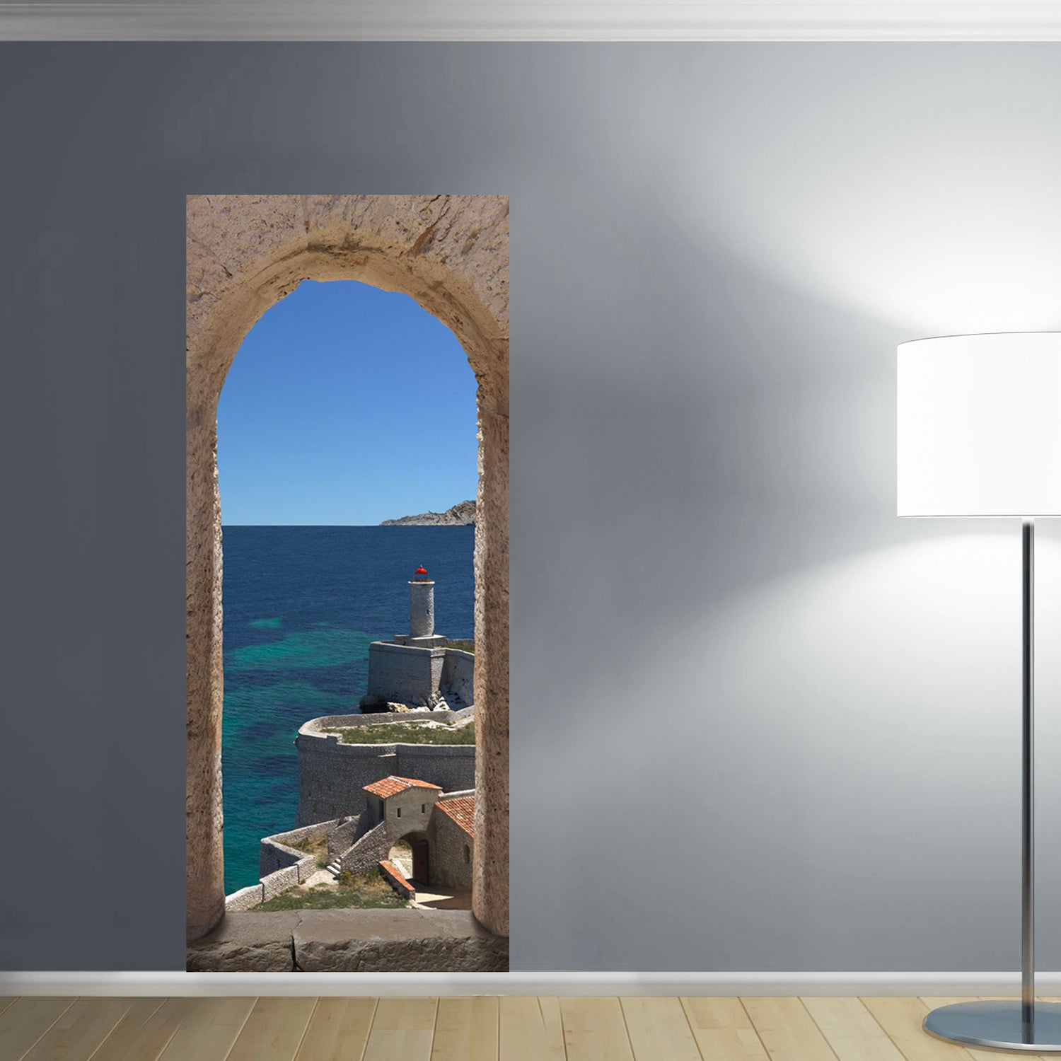 Vinilo para puerta, vista del paseo marítimo junto a las fortificaciones de piedra, 204 cm x 73 cm