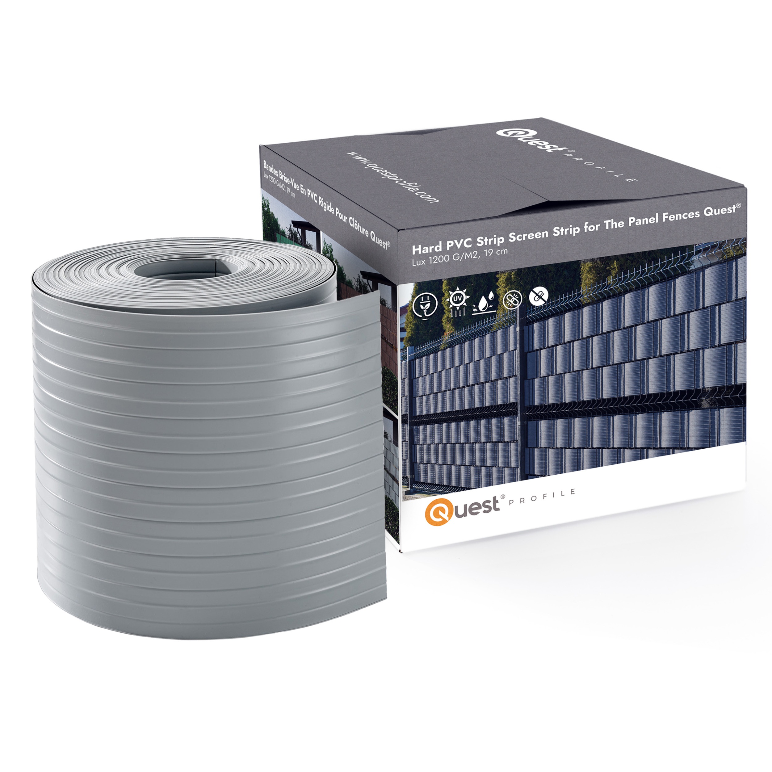 QUEST Taśma ogrodzeniowa PCV 19cm, listwa do ogrodzeń panelowych premium, 900 g/m2, RAL 7040, szary, 26 m