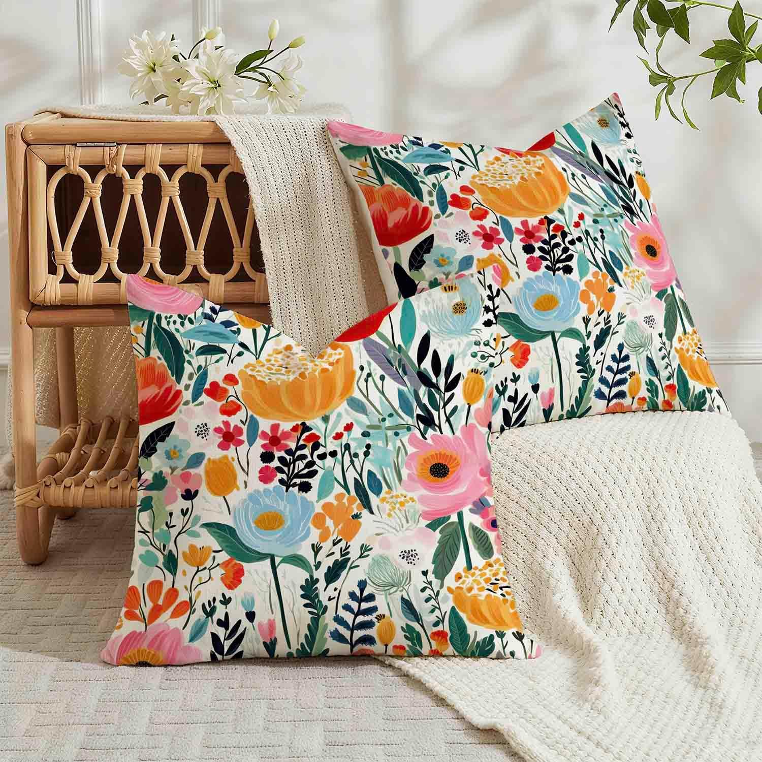 Housse Coussin 45x45 Florale Aquarelle Bleu Housses de Coussin Printemps Décoratif Été Extérieur Taie Oreiller de Canapé, Lot de 2 - 4