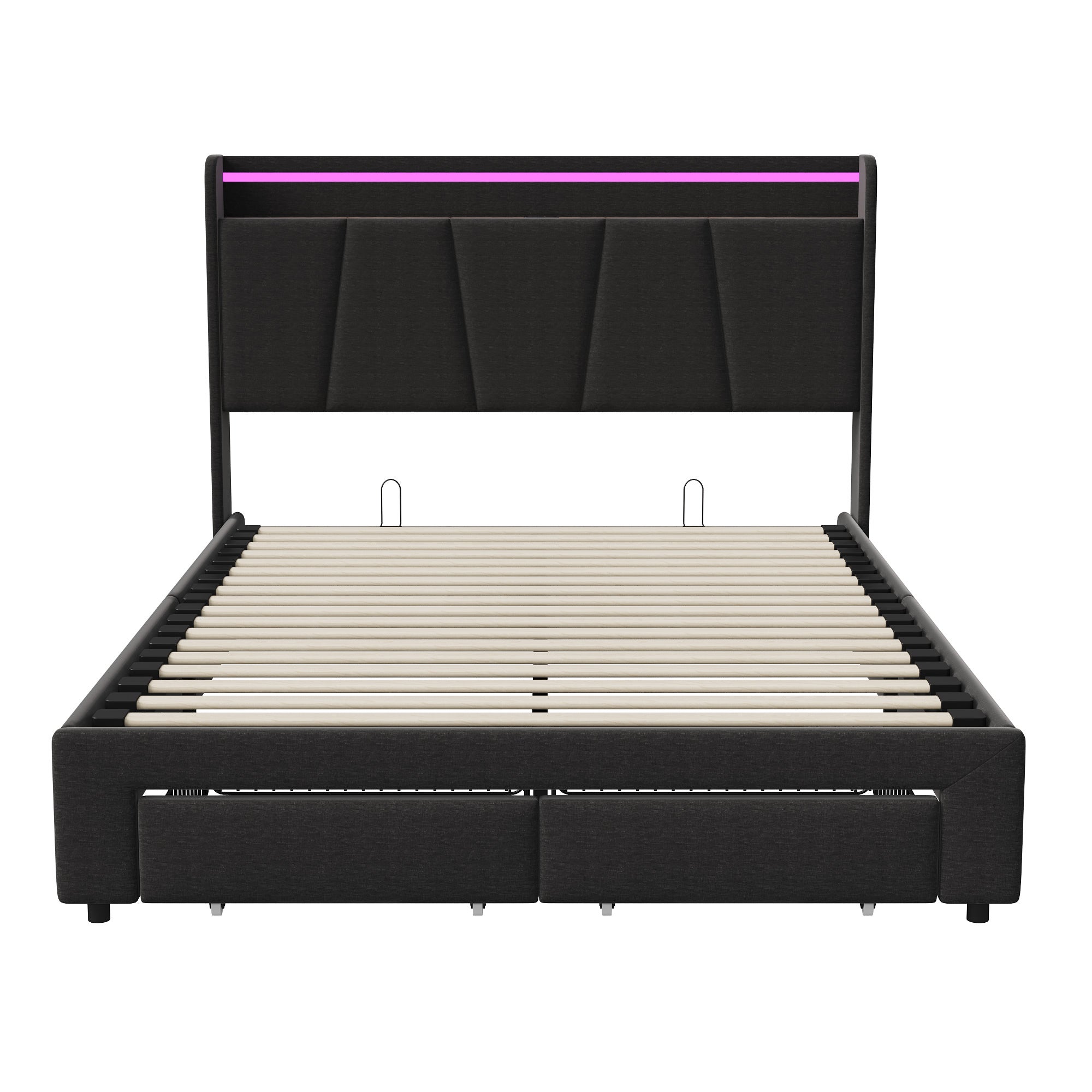 Lit coffre 140x190 cm avec LED et 2 tiroirs, cadre de lit double 140x190 cm avec sommier à lattes, lit adulte, tissu en lin, 140x190 cm, gris - 5