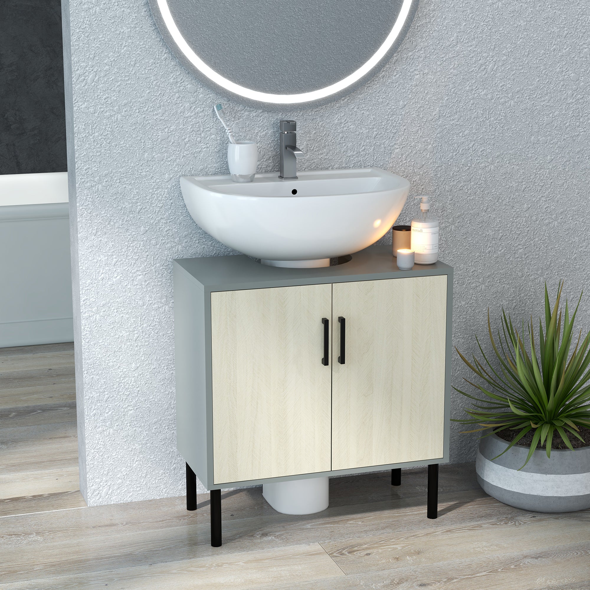 Mobile Bagno Sottolavabo 60x30x60 Cm - Doppia Anta, Grigio E Quercia, Con Ripiano Interno