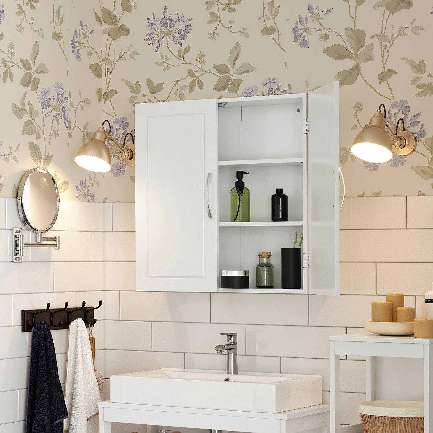 Armoire de Salle de Bain, 2 Portes, avec 2 étagères, 60 x 18 x 60 cm, Blanc Mat - 3