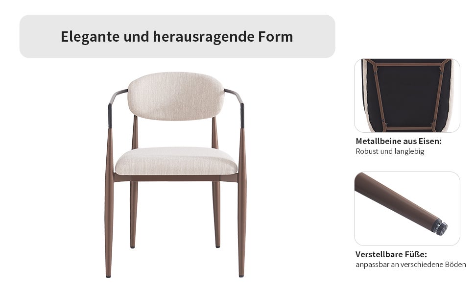 Lot de 2 chaises de salle à manger avec accoudoirs - 57 x 60 x 81 cm - Tissu en lin et pièds en métal - Beige - 7