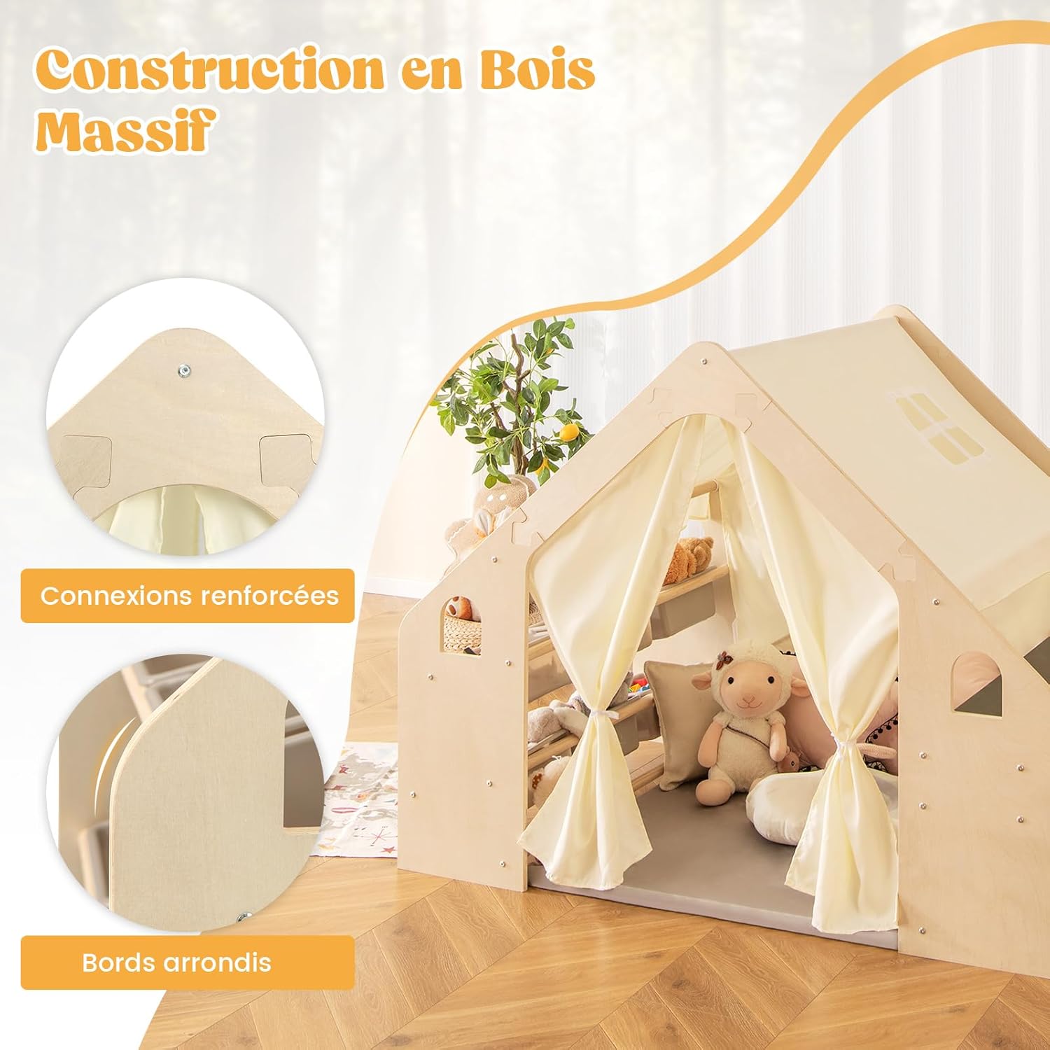 6 en 1 Tente de Jeu Enfants Cadre en Bois Massif, Table & Chaise, Tapis et Rideaux Amovibles, Maisonnette pour 2-6 Ans, 145x98x113cm - 2