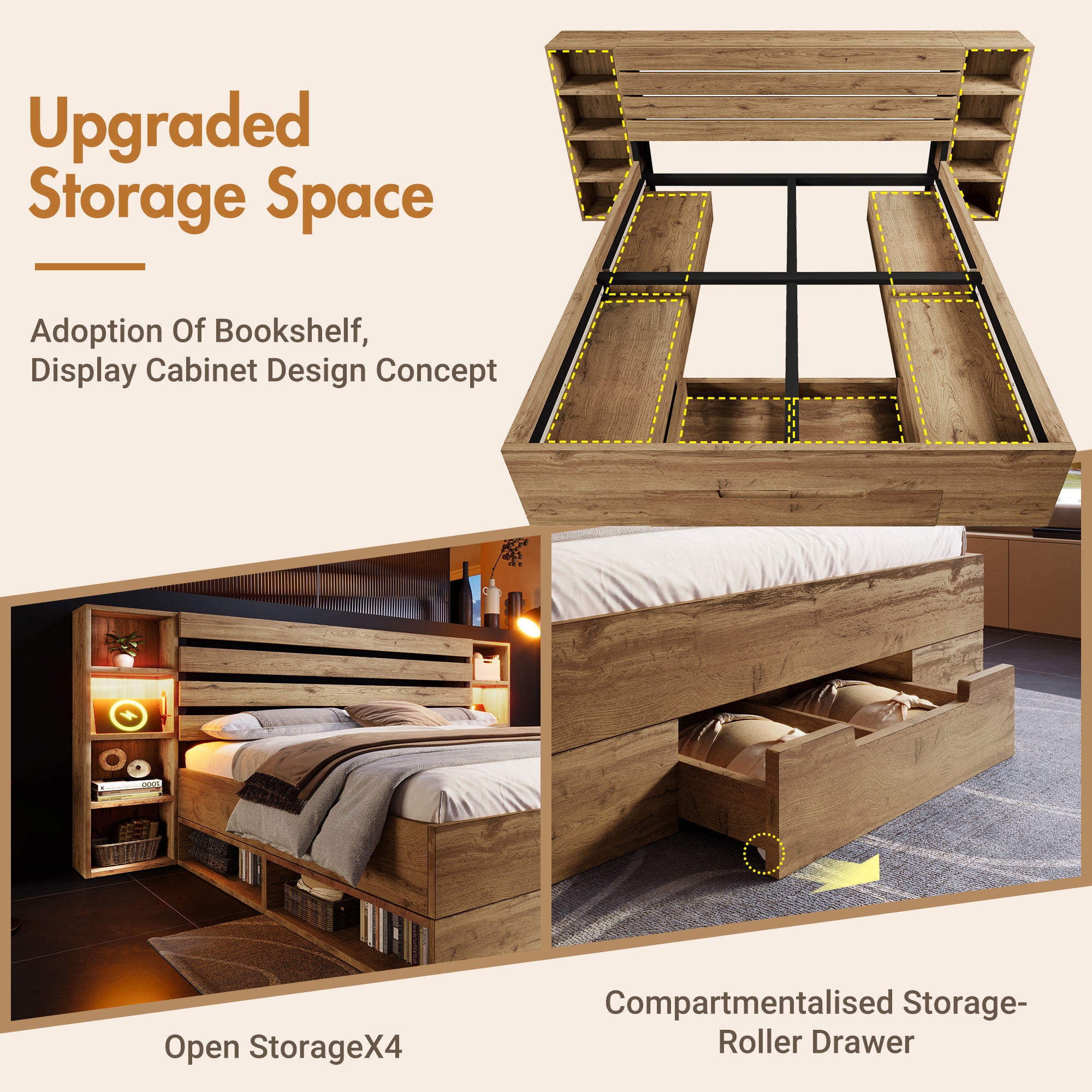 Lit Double 180x200 avec LED et USBC, Lit Industriel avec tête de lit et tiroirs de Rangement, Chêne (Sans Matelas) - 3