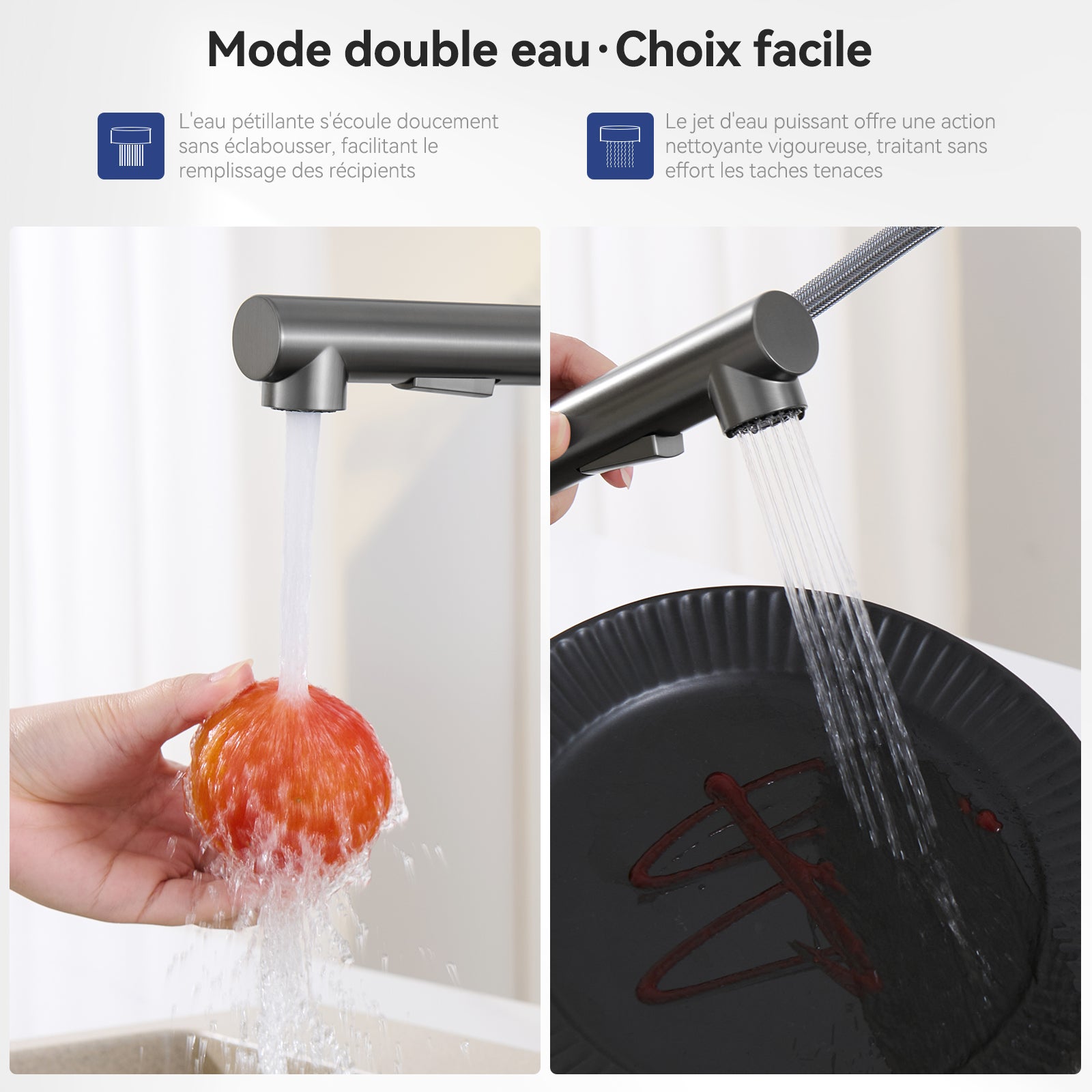 Robinet Cuisine avec Douchette Brossé gris anthracite, Mitigeur de Cuisine avec 2 Modes de Pulvérisation, Robinet d'évier Eau Froide/Chaude - 4