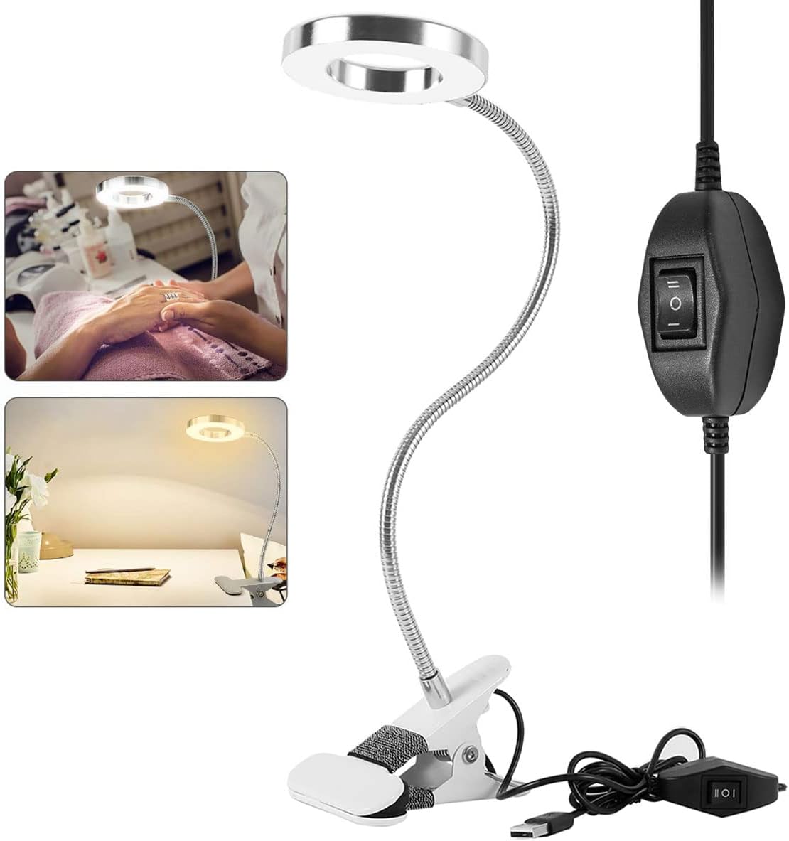 Lampa biurkowa 48 LED z klipsem i portem USB, lampa robocza, ochrona oczu, lampa do czytania LED 8 W z klipsem, chłodne białe światło