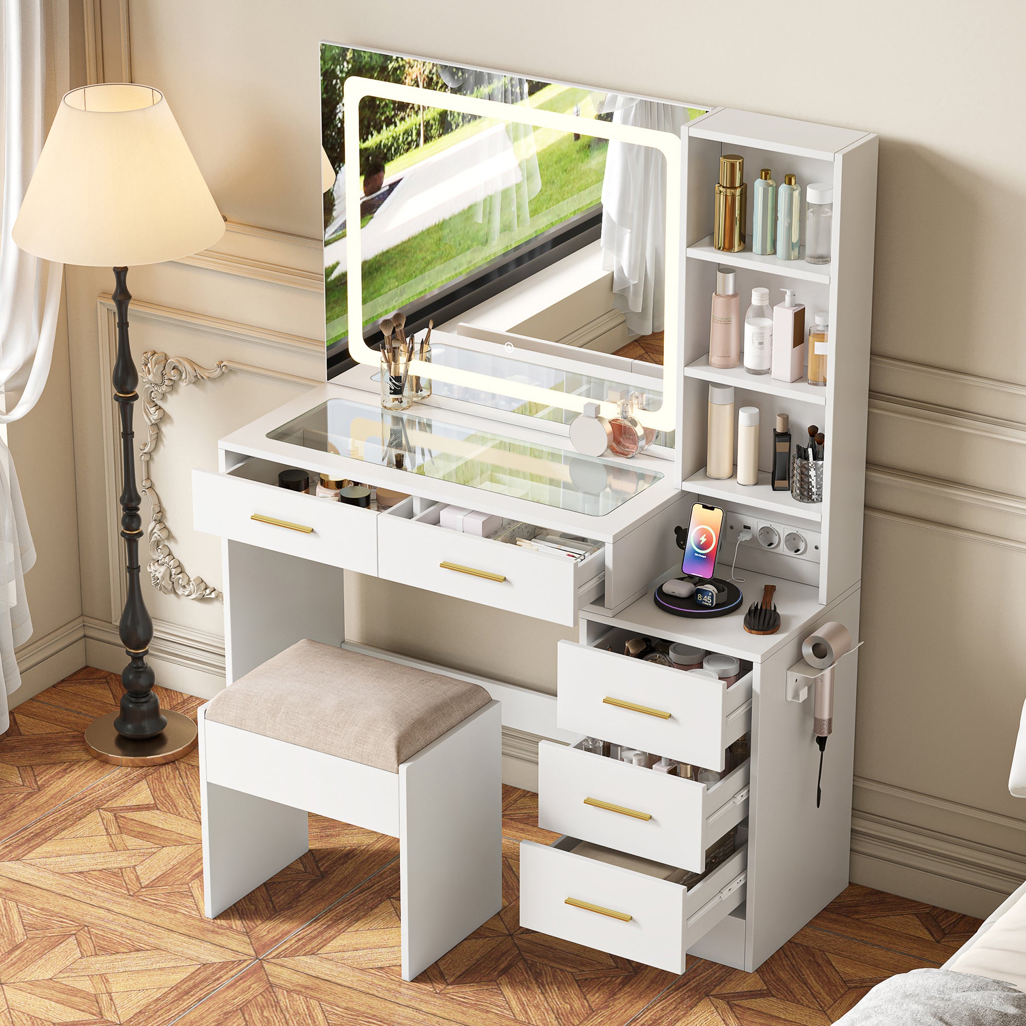 Coiffeuse, grand miroir de maquillage LED multicolore, station de recharge, tabouret inclus, 5 tiroirs avec poignées, étagères réglables - blanche - 3