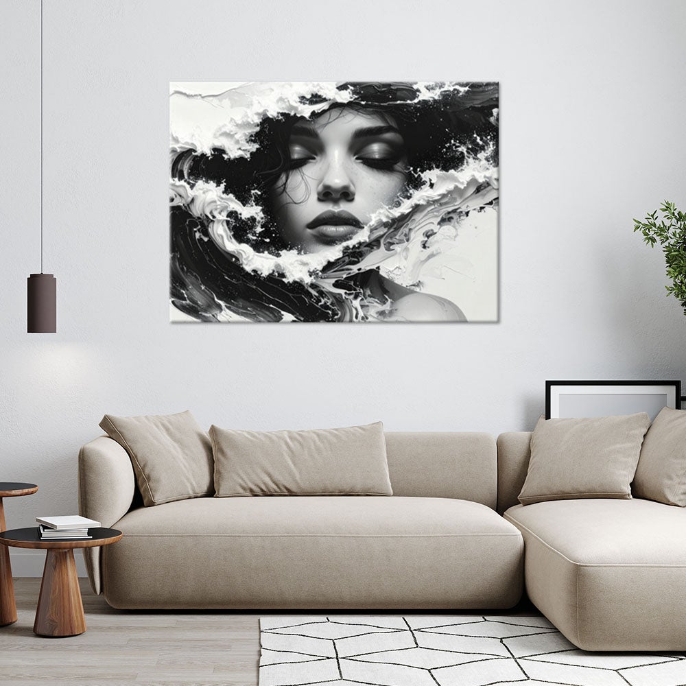 Obraz do salonu, Portret kobiecy czarno biały w stylu artystycznym fale morskie 60x40 - 2