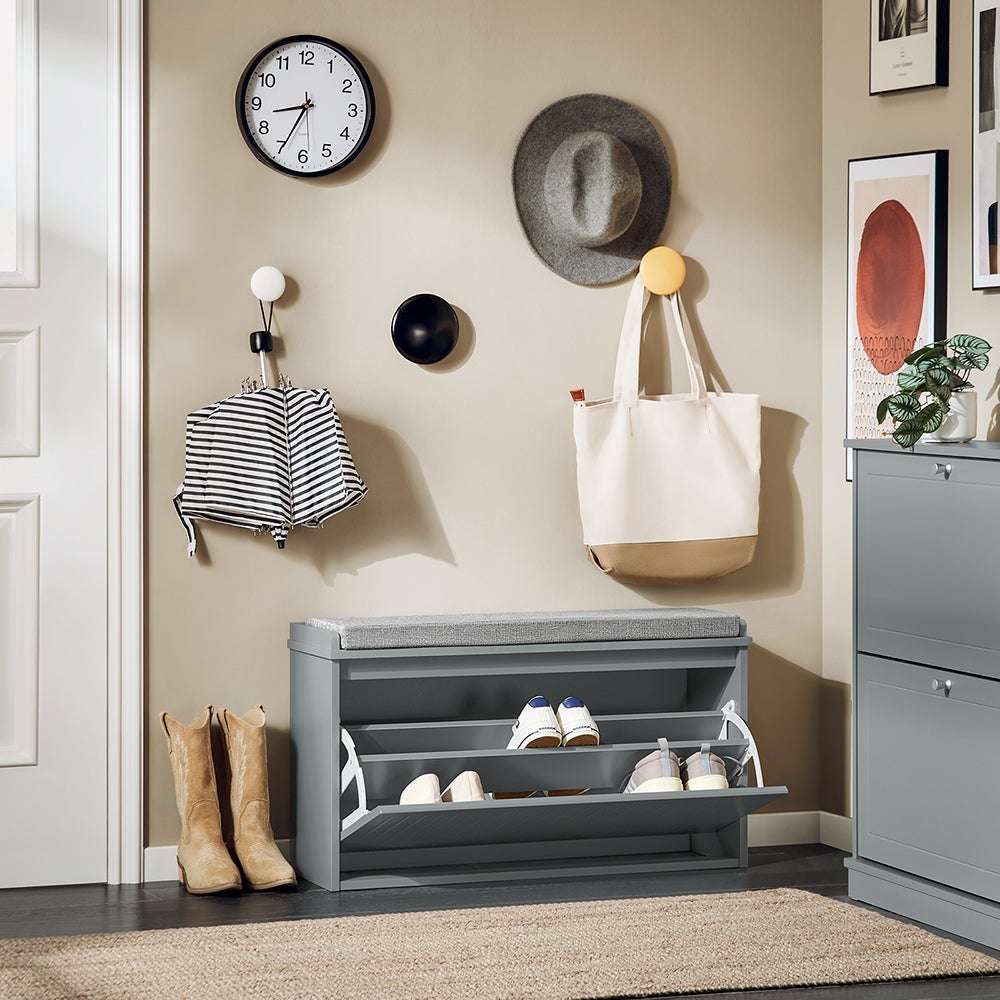 SoBuy Banc à Chaussures, Meuble à Chaussures, Meuble d'entrée, Assise Coussin Rembourré et Abattant, Gris, FSR98-L-HG - 7