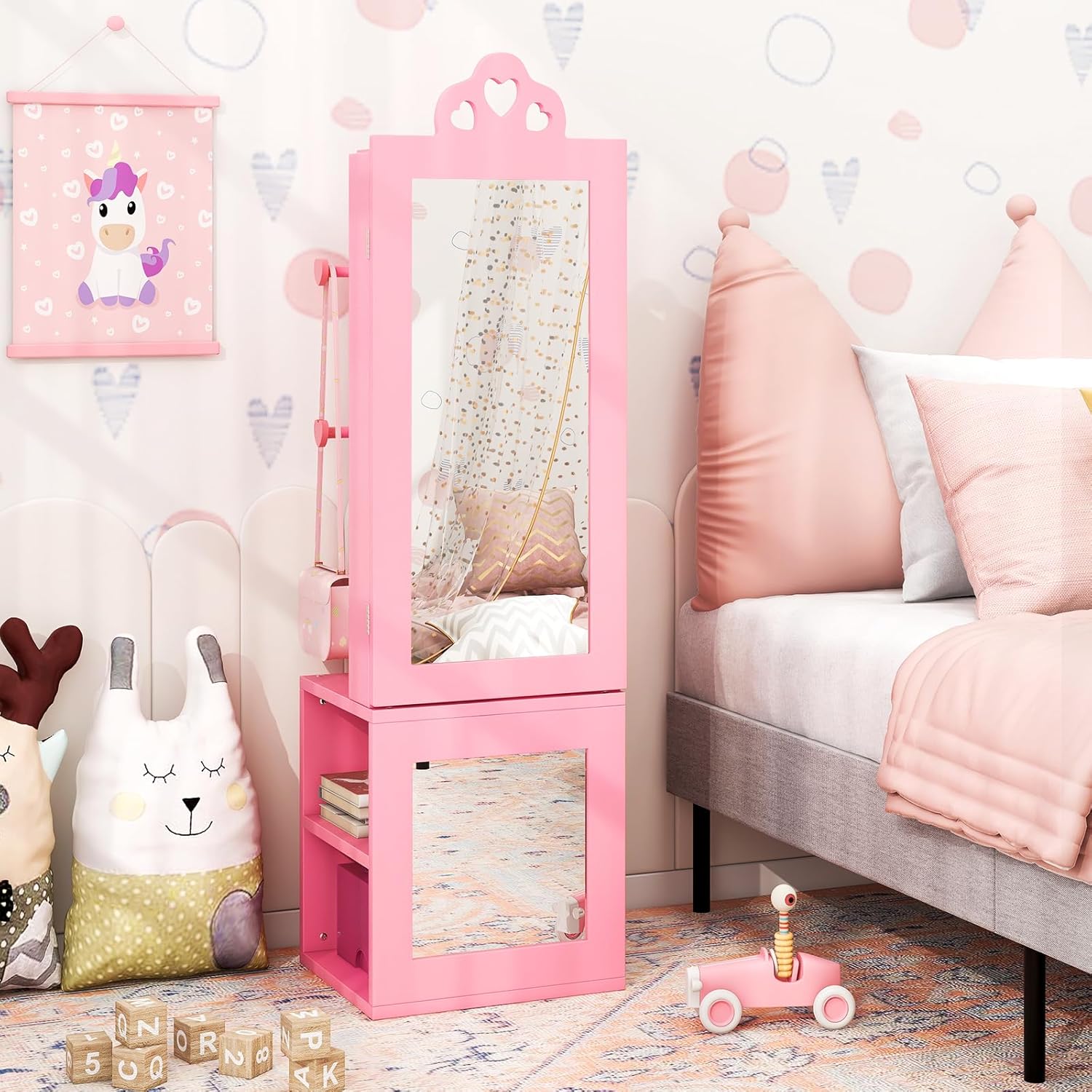 Armadio Portagioie per Bambini, Armadio Porta Abiti 3 in 1 con Specchio a Figura Intera e Appendiabiti, Armadio Organizzatore per Gioielli con - 9