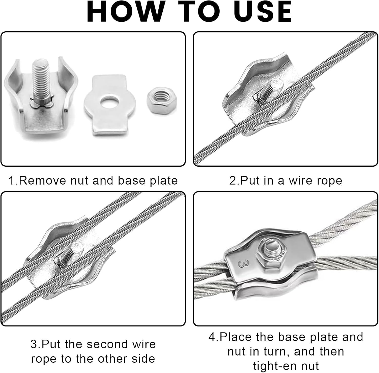 10 Pièces M3 Serre Cable, Pinces de Câble Métalliqu en Acier Inoxydable 304, Clips Serre-câbles, pour Filin pour Cordes à Linge en Câble - 5