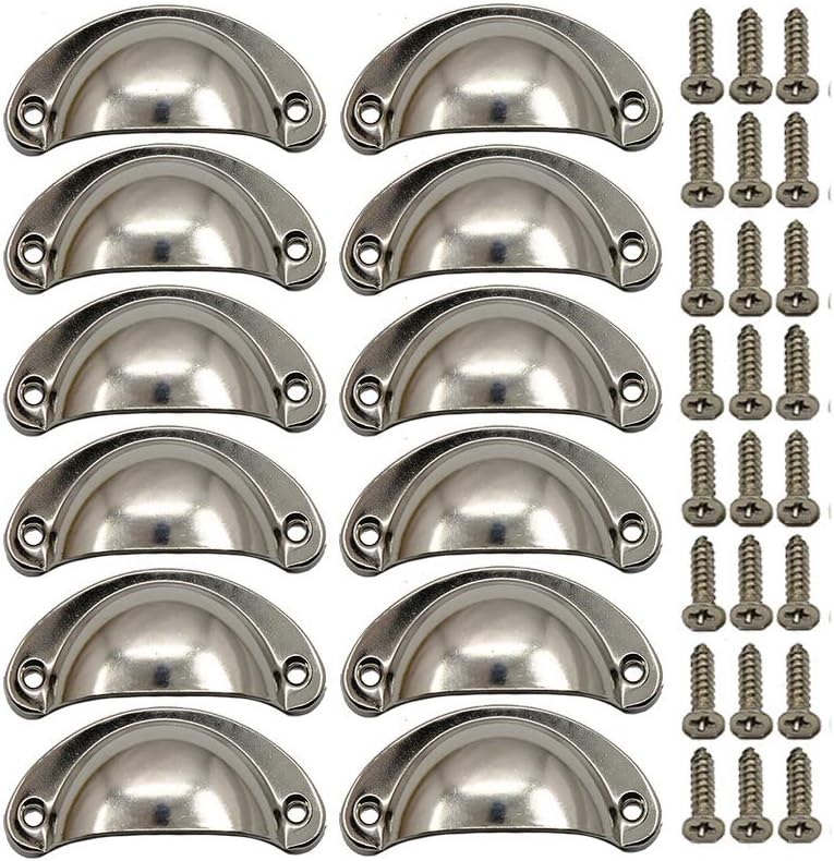 12 x Uchwyt w kształcie muszli w stylu vintage, półksiężycowa gałka meblowa ze stopu żelaza i niklu, 8,1 cm x 3,5 cm, szczotkowany nikiel