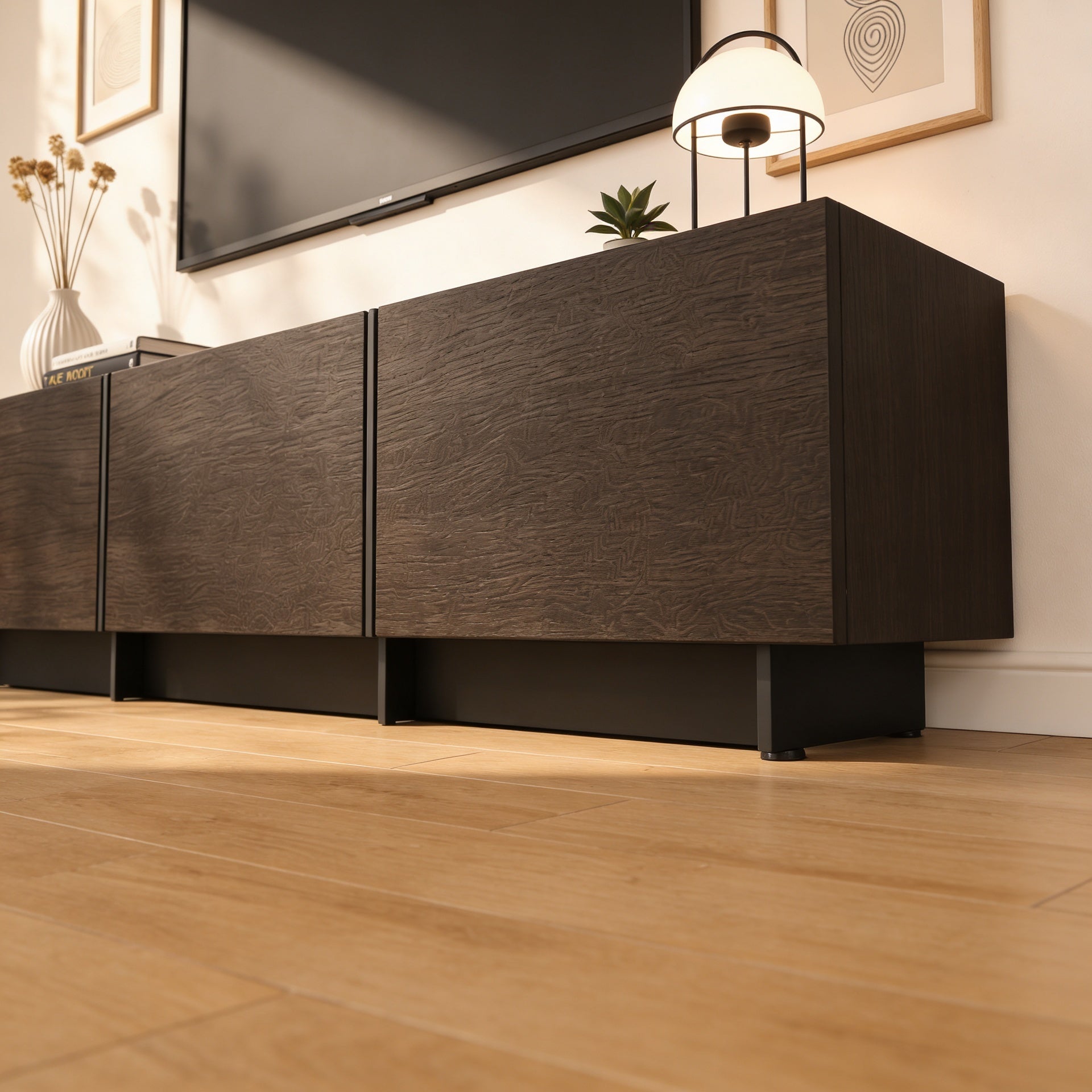Meuble TV Support TV avec 3 Portes avec avec Aspect du Bois, Salon et Chambre, 180x30x38cm, Marron Foncé et Noir - 7