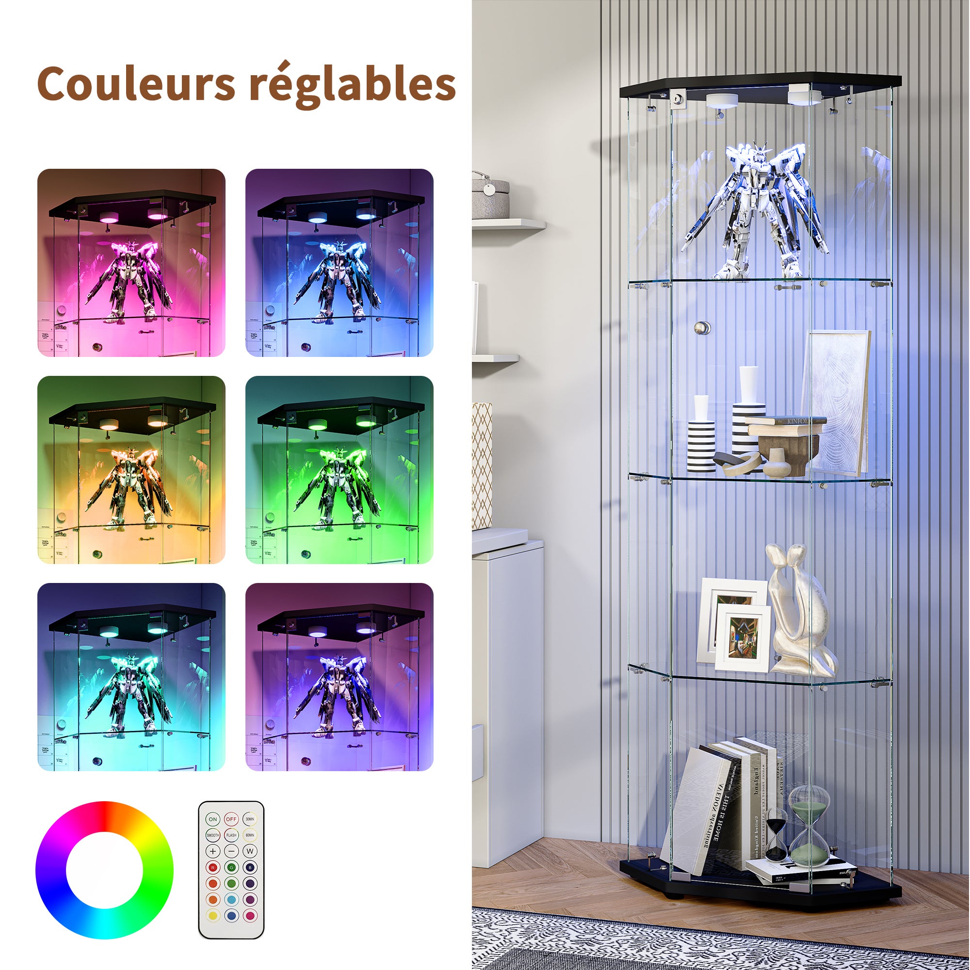 LED Vitrine, Vitrine en Verre, Vitrine pour collection Transparent en verre 4 Couches avec 1 Porte, pour salon et chambre à coucher,cinq angles,noir - 8
